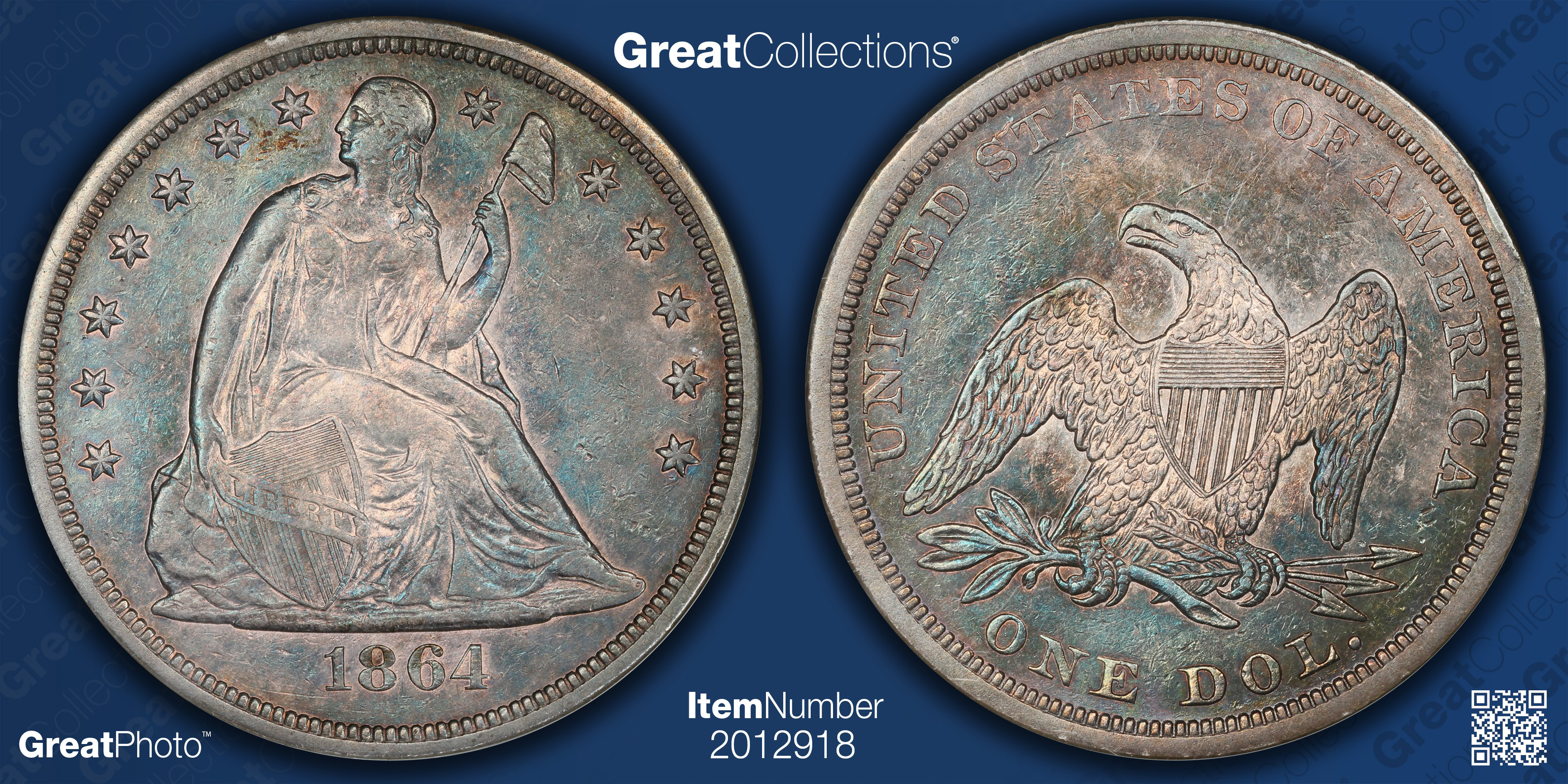 1864 Seated Liberty Silver Dollar ANACS AU-55 OH (Toned) (Item