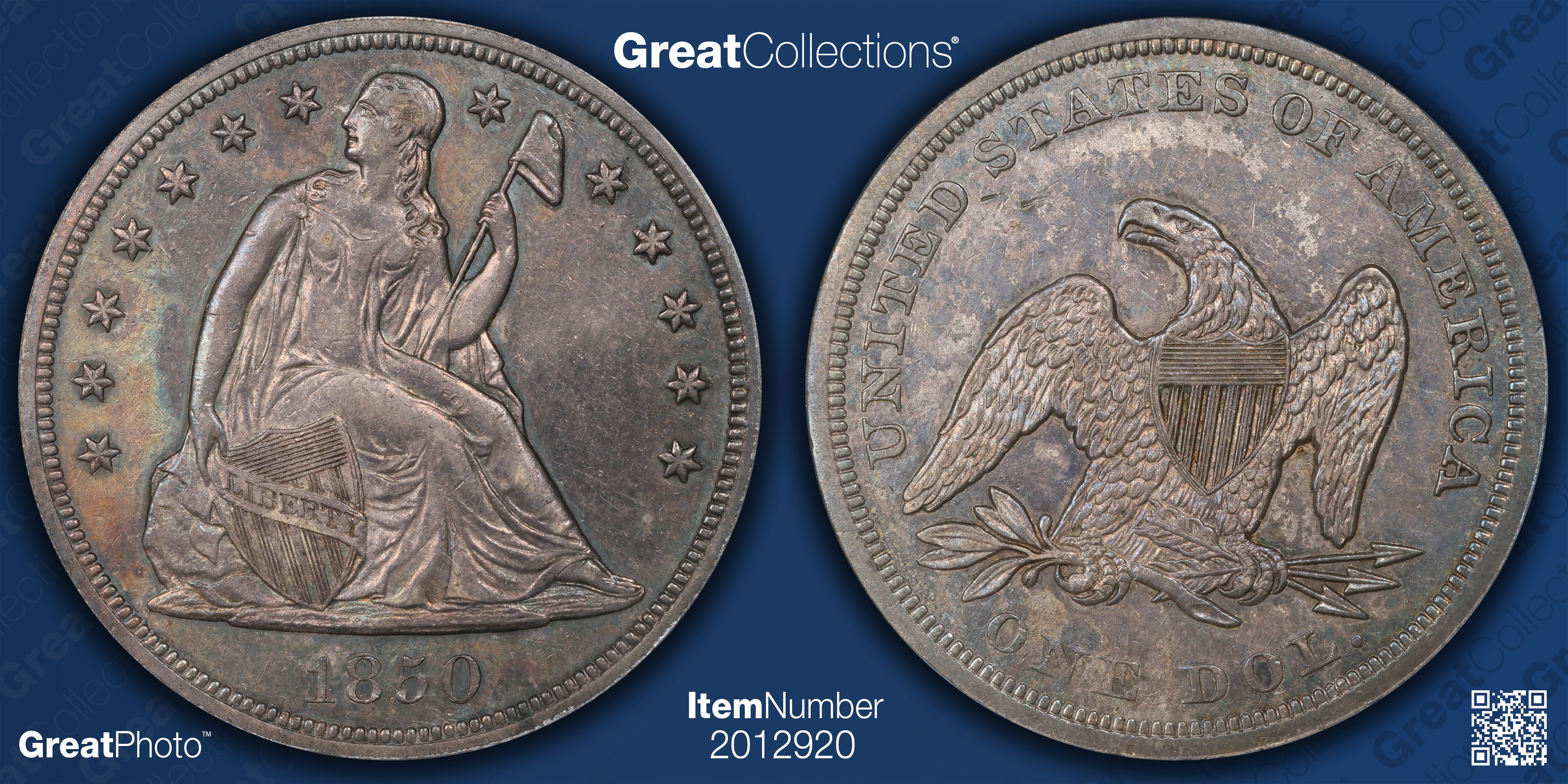 1850 Seated Liberty Silver Dollar ANACS AU-58 (Toned) (Item