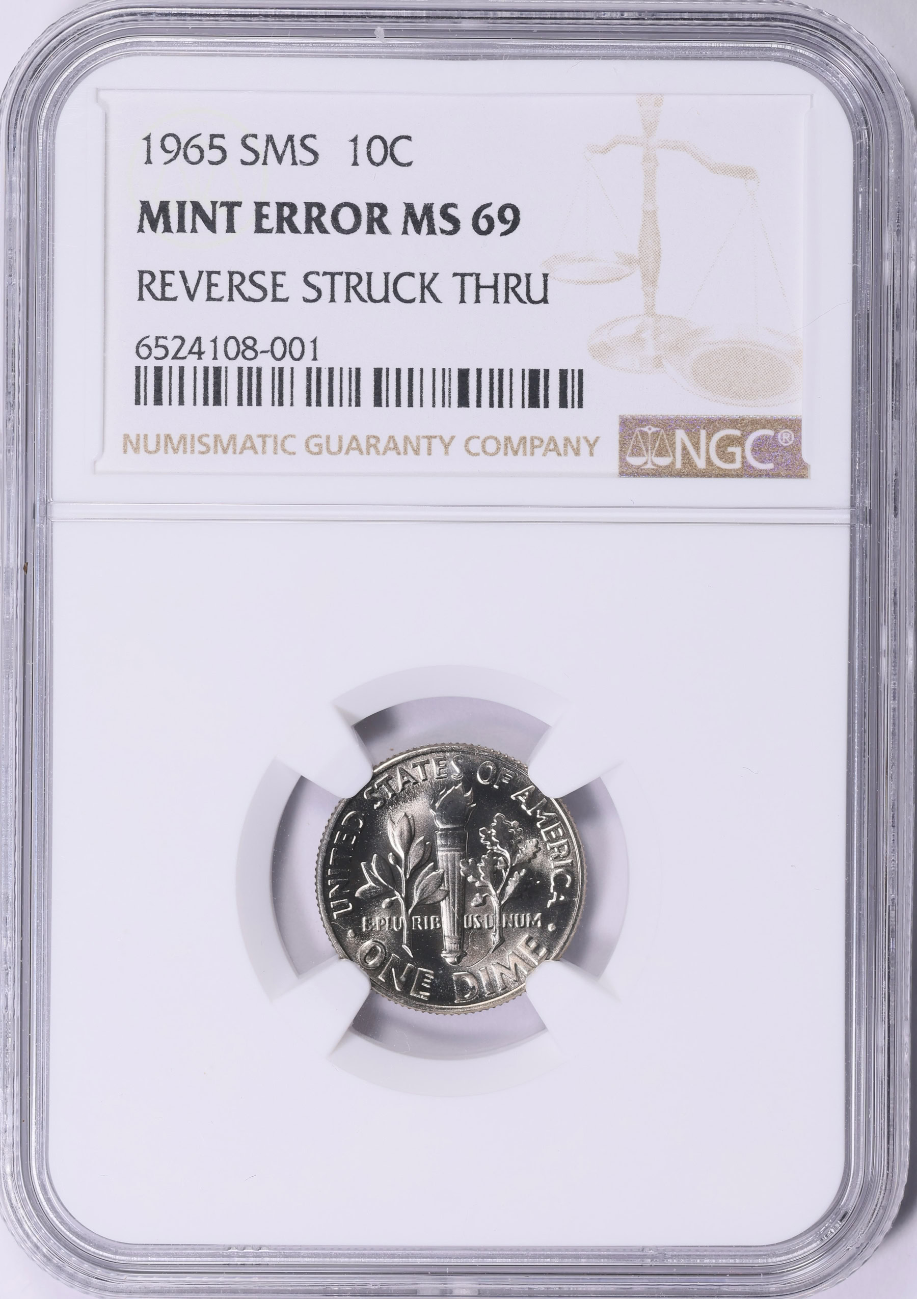 Mint Error 1965 Roosevelt Dime SMS Reverse Struck Through NGC MS
