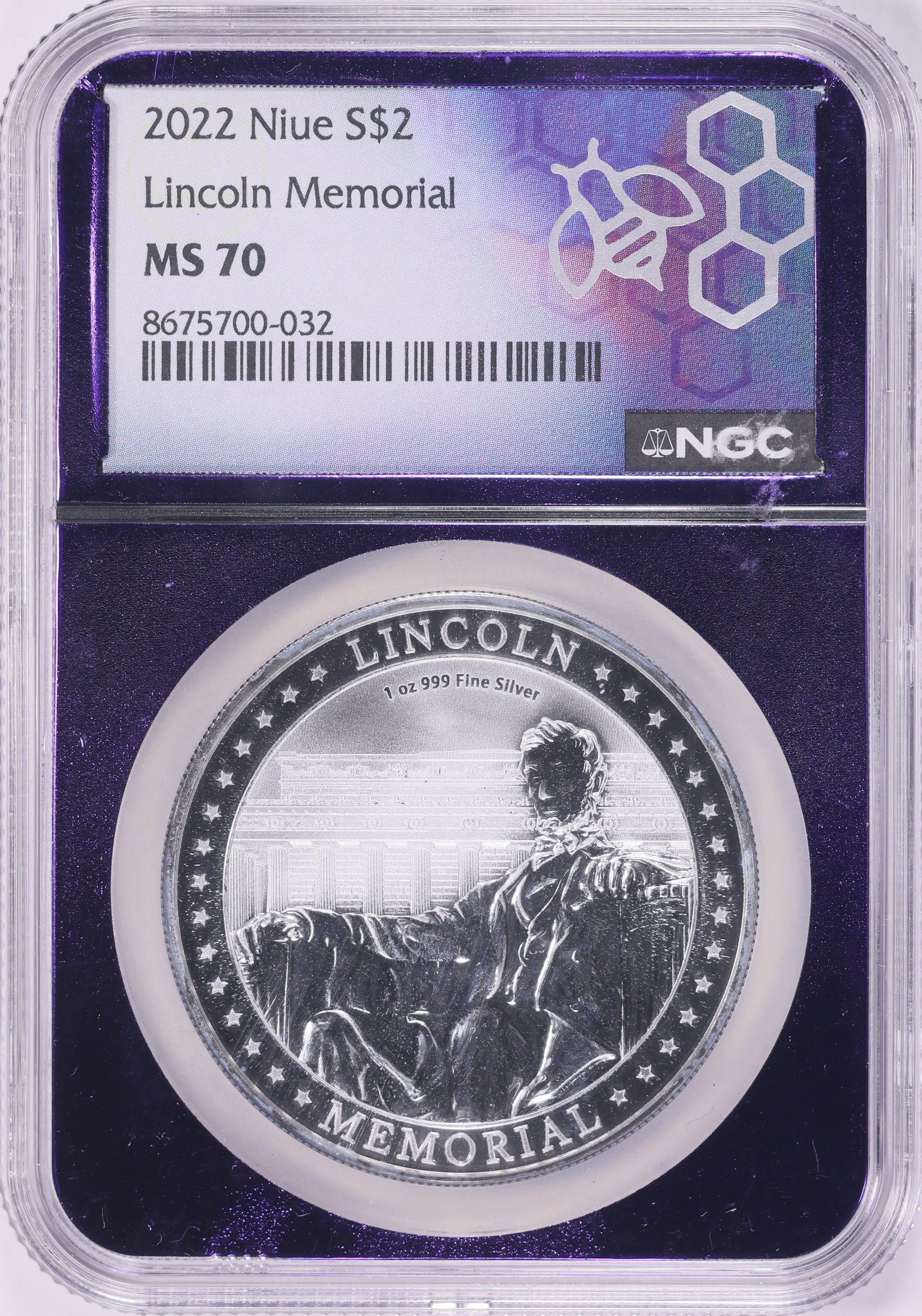 Niue 2022 Silver $2 Lincoln Memorial NGC MS-70 (Purple Bee Frame
