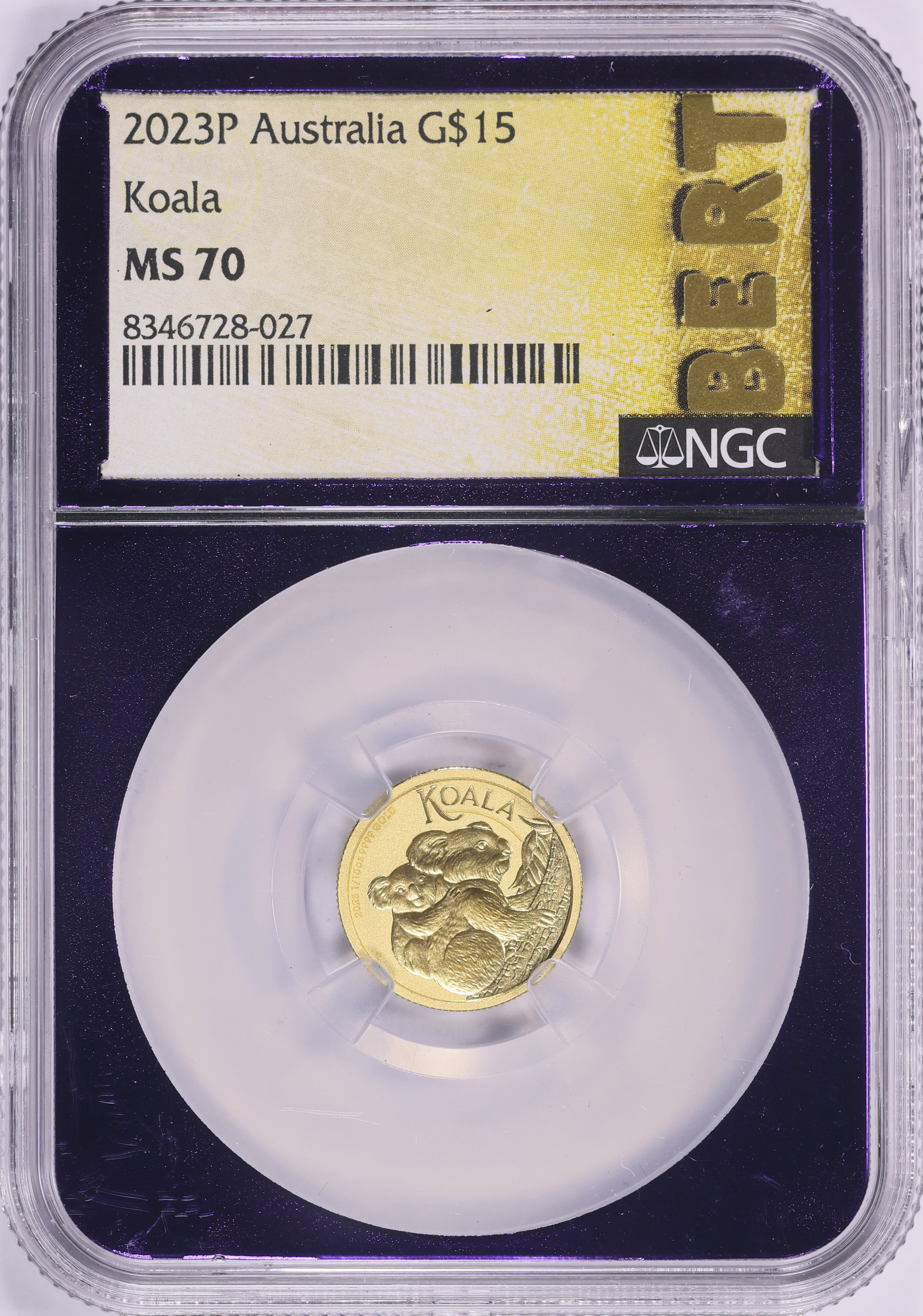 Australia 2023-P Gold $15 Koala KM-4586 NGC MS-70 (Metallic Purple