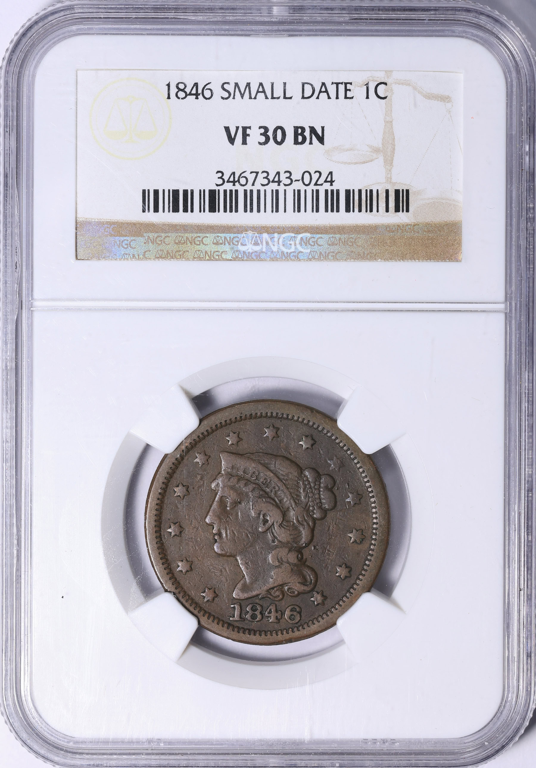 1846 Braided Hair Cent Small Date NGC VF-30 BN (Item 2013776