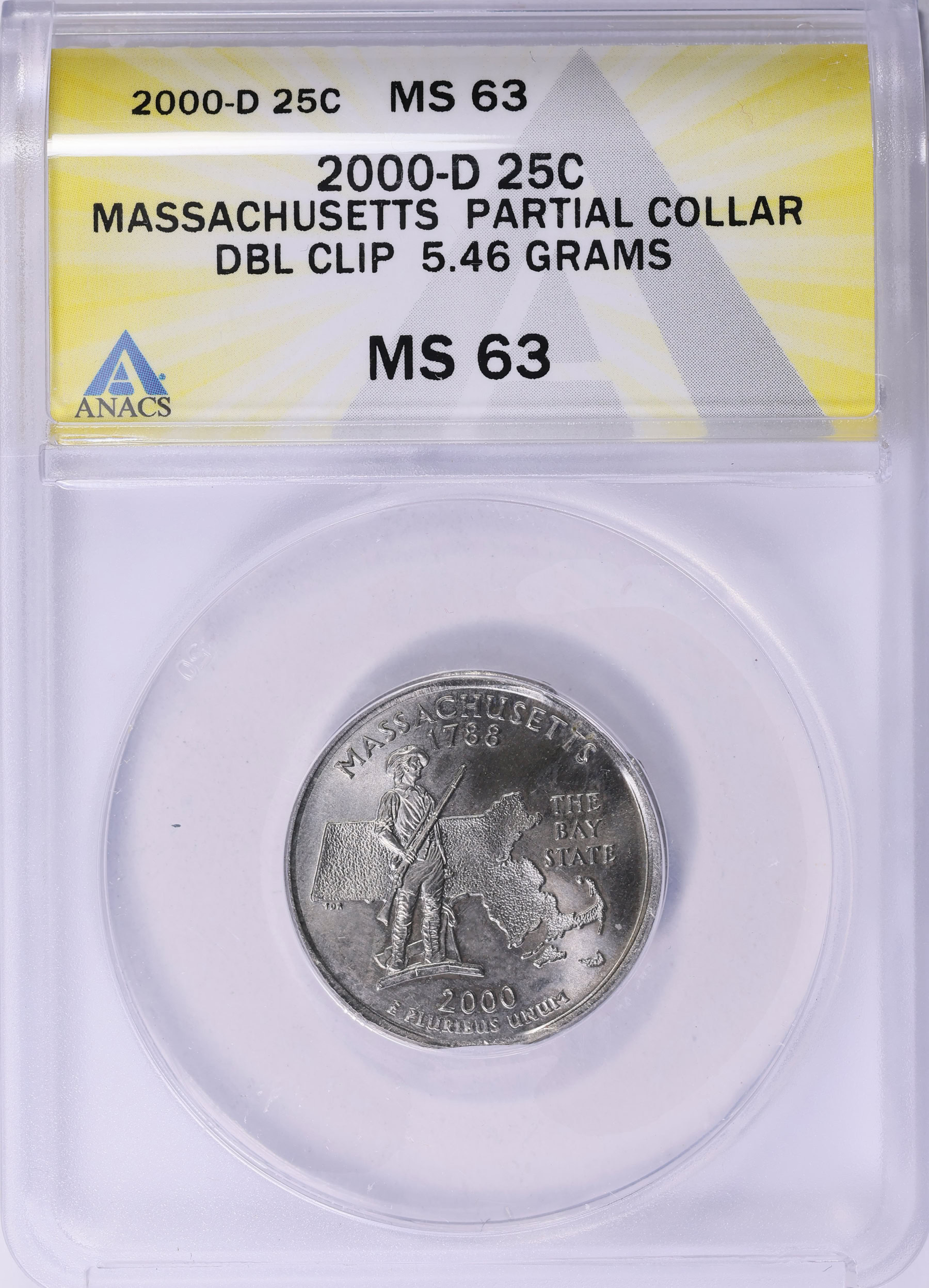 Mint Error 2000-D State Quarter Massachusetts Partial Collar