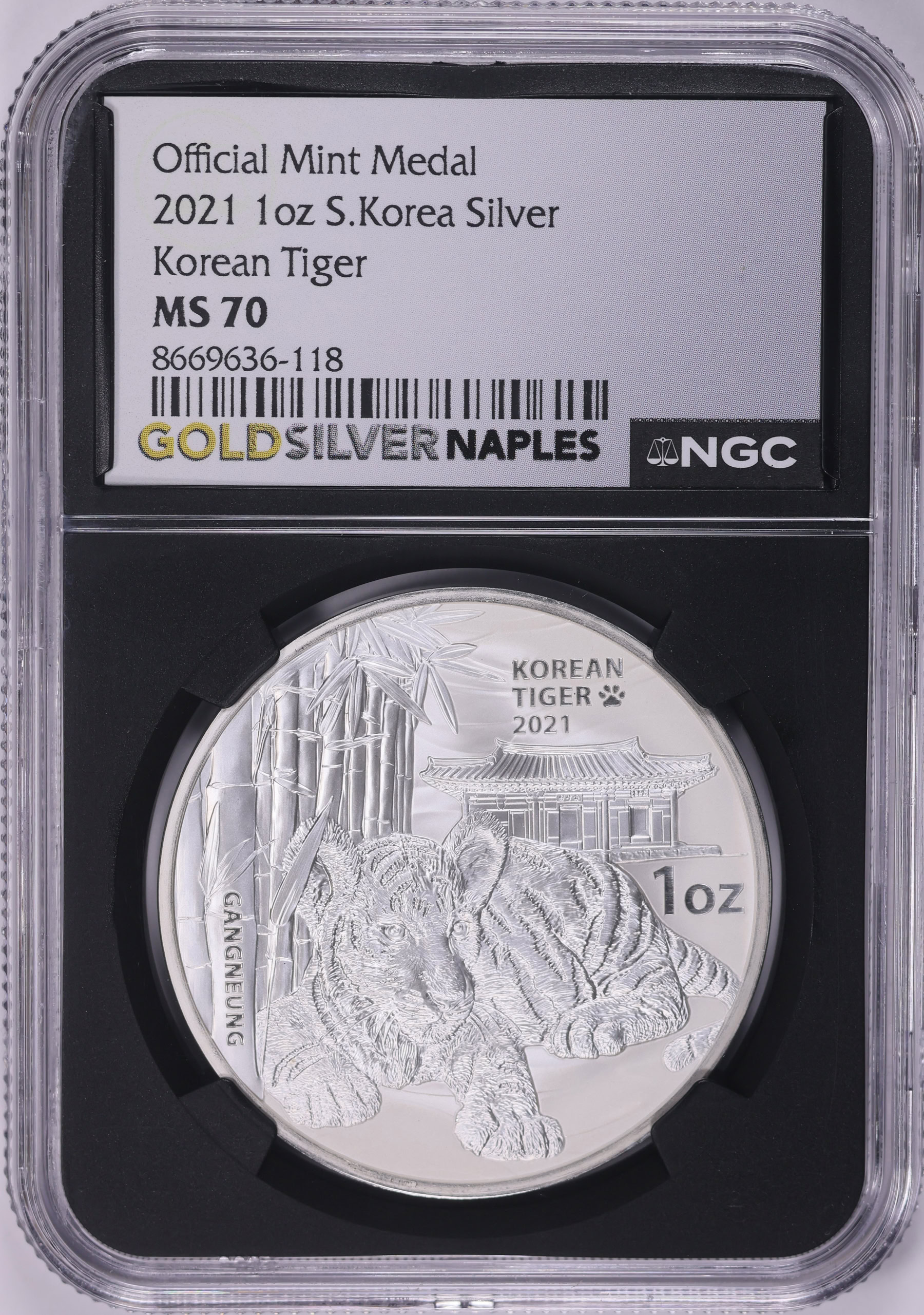South Korea 2021 Silver 1oz Korean Tiger Medal NGC MS-70 (Black