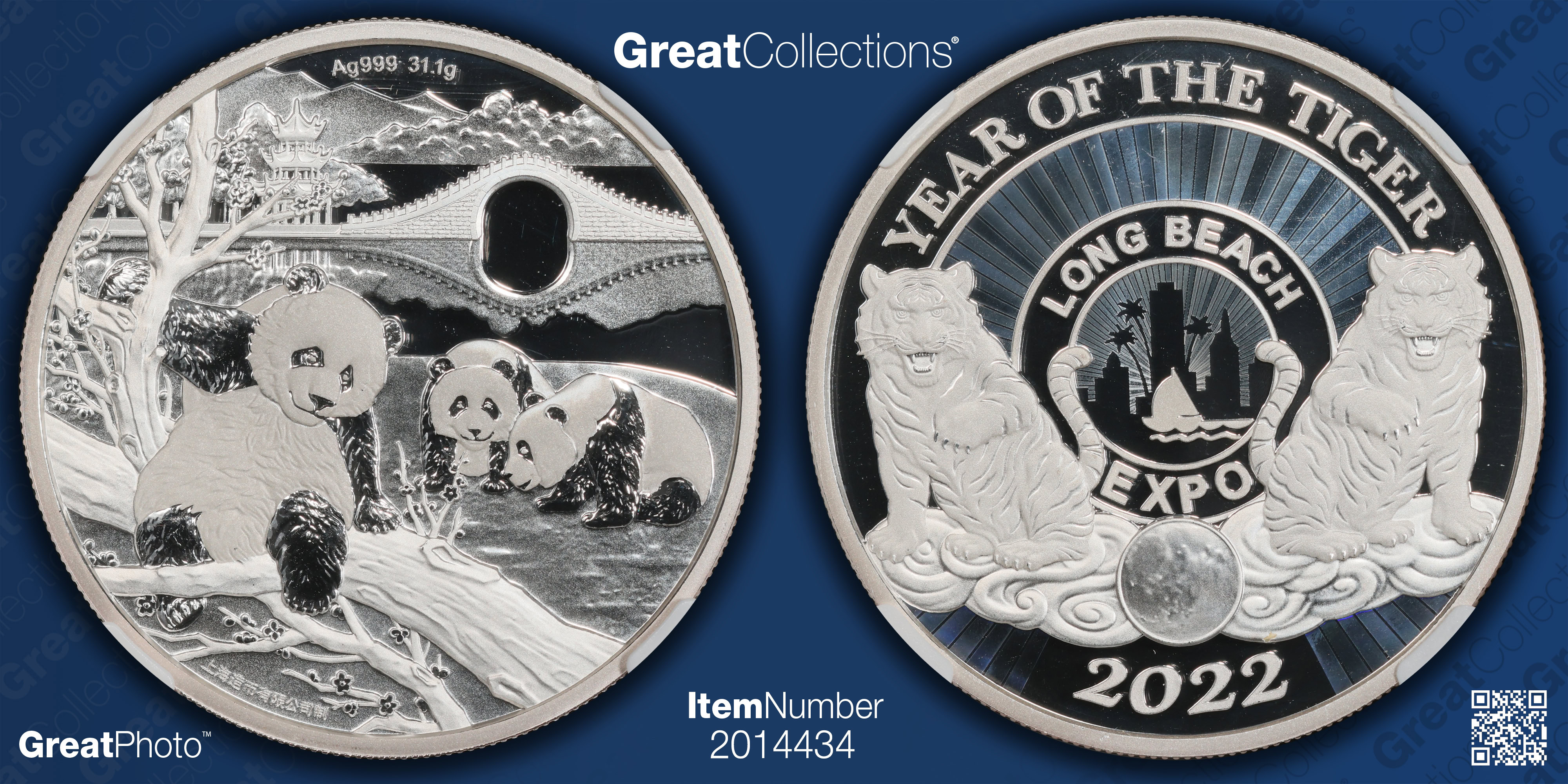 2022年 虎　銀貨　 真珠付き China 2022 Silver 1oz Long Beach Expo Year of the Tiger Official