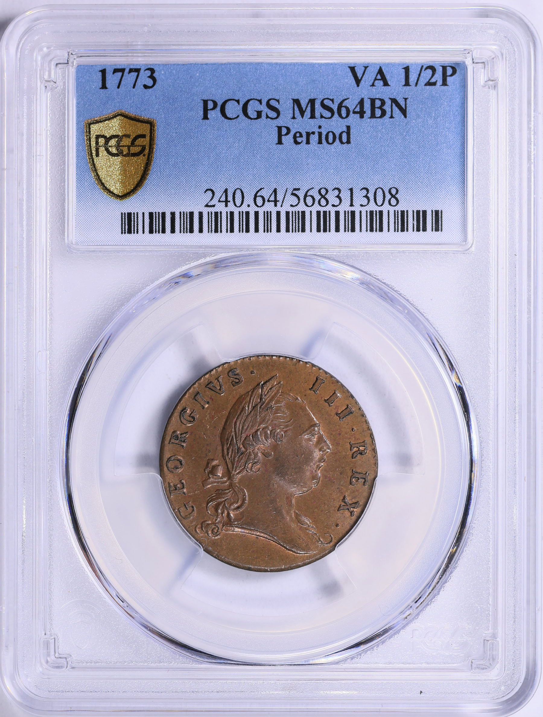 1773 Virginia Halfpenny Period PCGS MS-64 BN (Item 2014444
