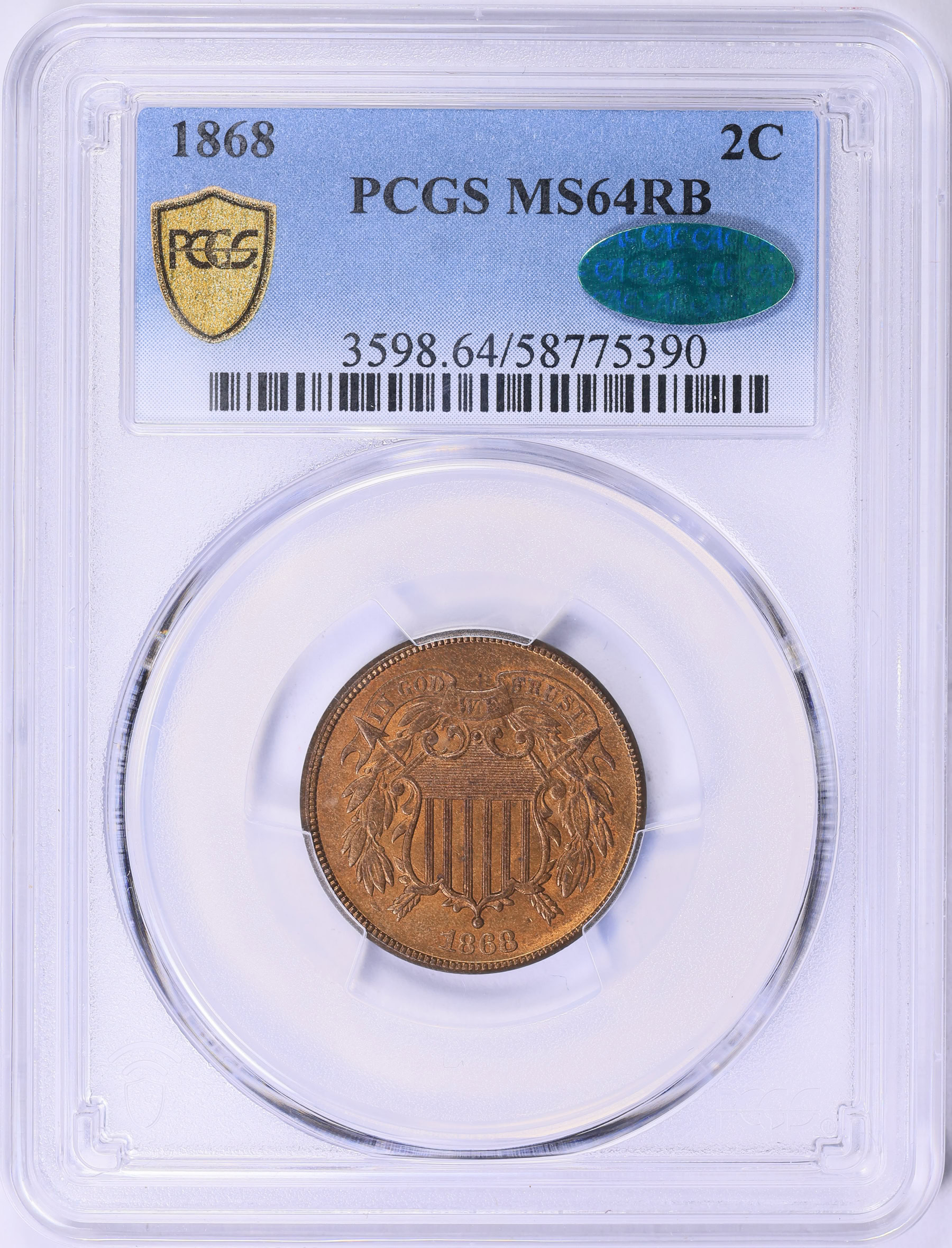 1868 Two-Cent Piece PCGS MS-64 RB (CAC Green) (Item 2015351