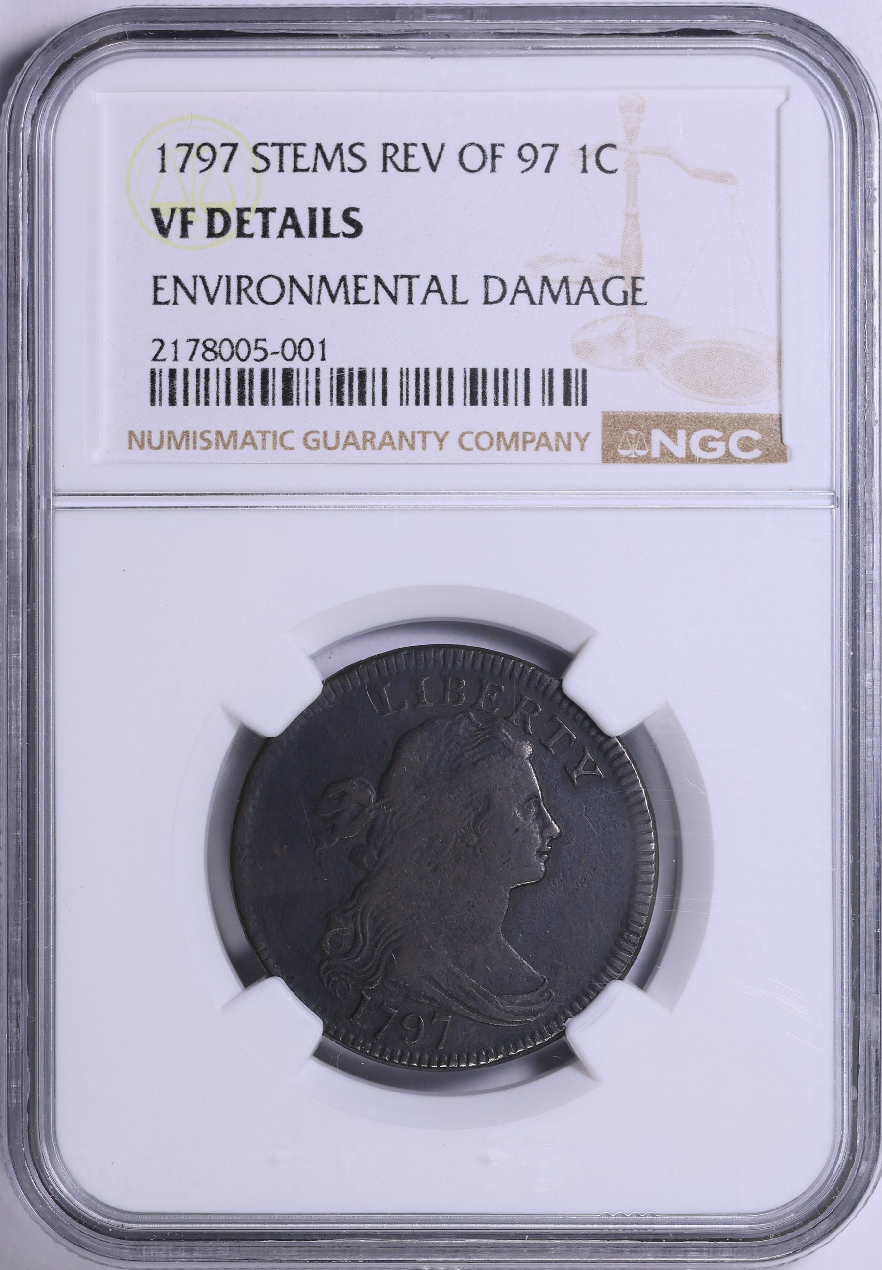 フラグメント　Original Circle Mat (S) Fragment 1797 Draped Bust Cent Reverse of 1797, Stems NGC VF Details (Item