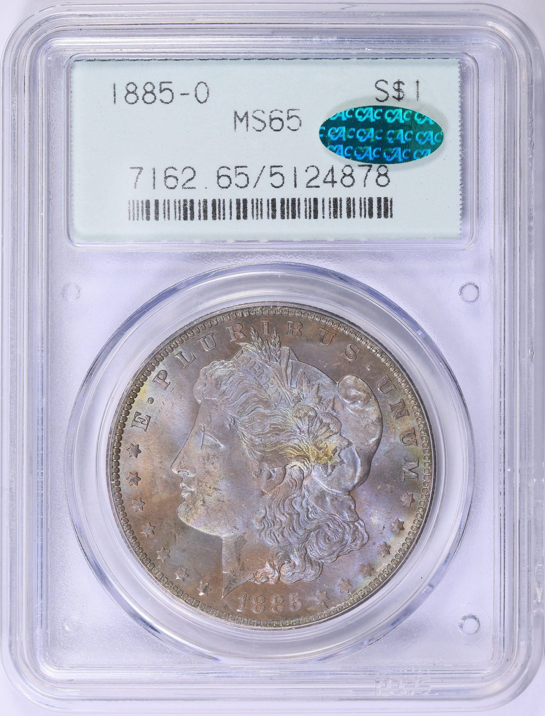 1885-O Morgan Silver Dollar PCGS MS-65 (CAC Green) OGH (2nd Gen
