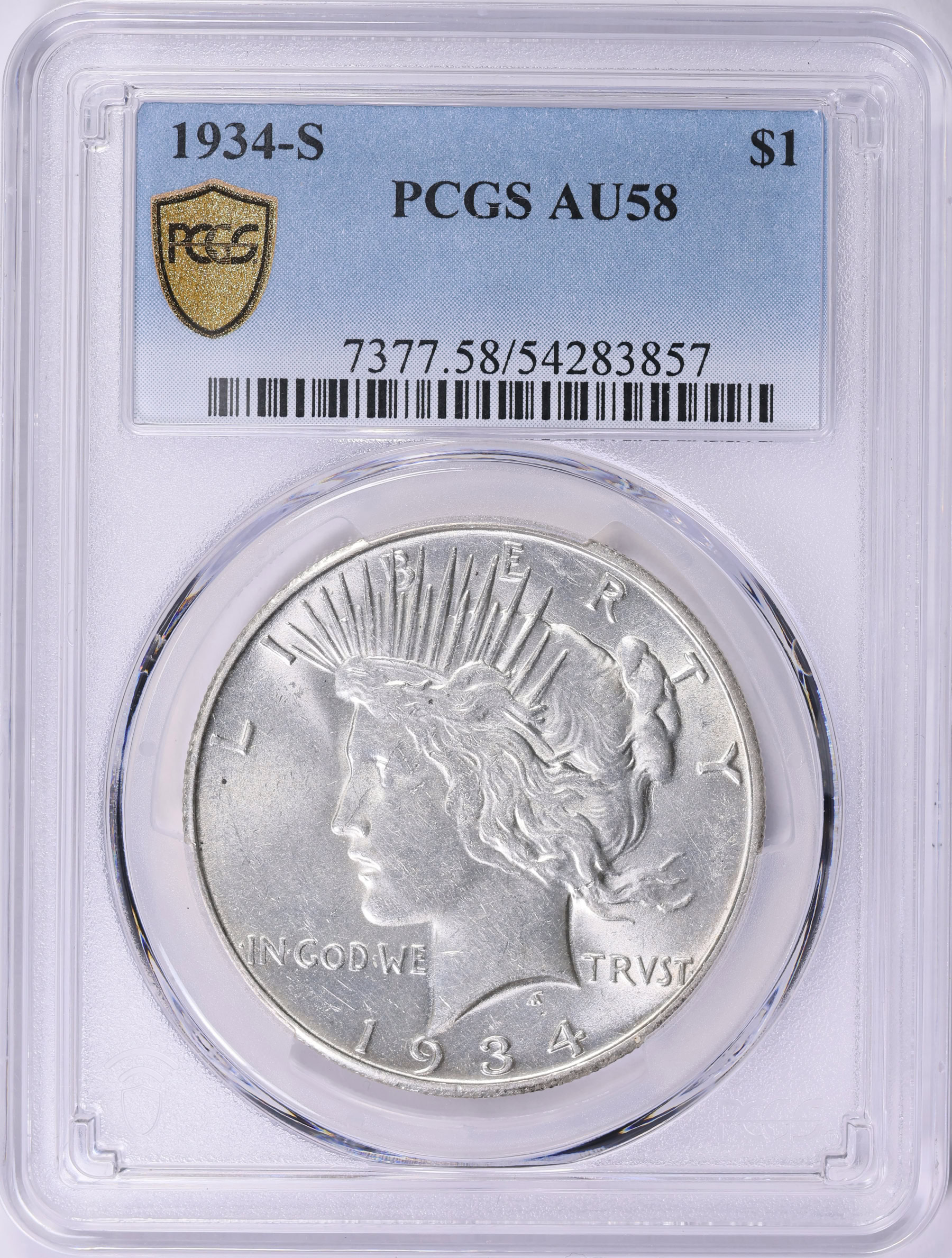 1934年 AU58 NGC アメリカ ピース銀貨  1934-S Peace Silver Dollar PCGS AU-58 (Item 2015698