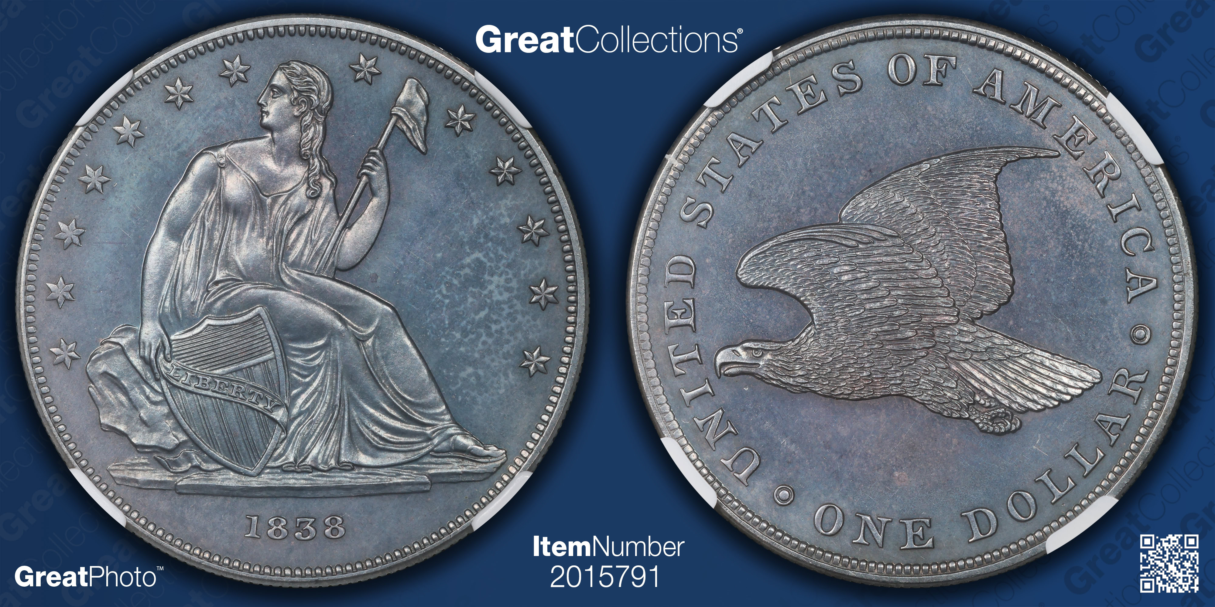 1838 Gobrecht Silver Dollar $1 J-84 NGC Proof-64 (Toned) (Item