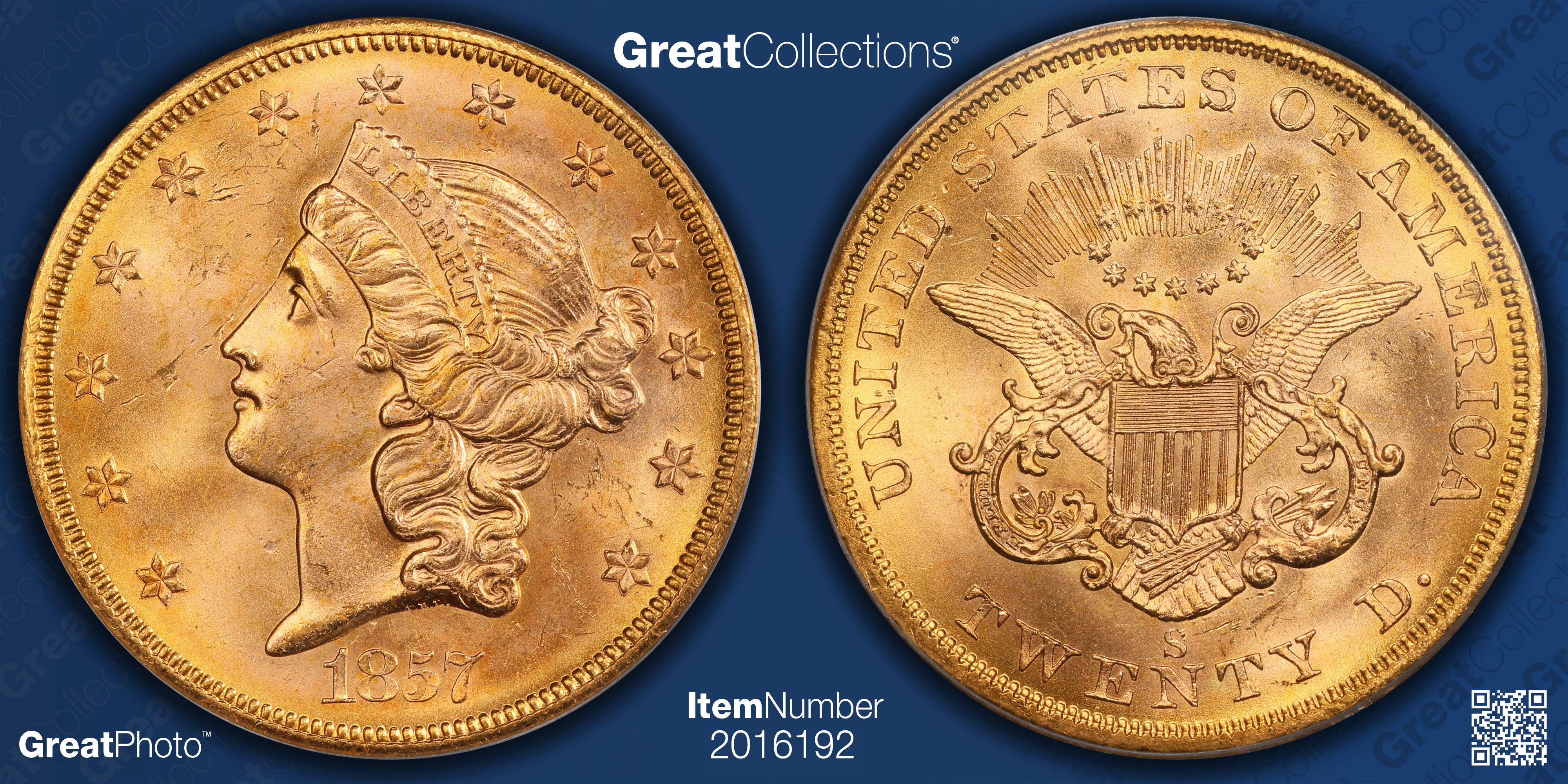 1857-S Liberty Gold Double Eagle 20A Spiked Shield Shipwreck