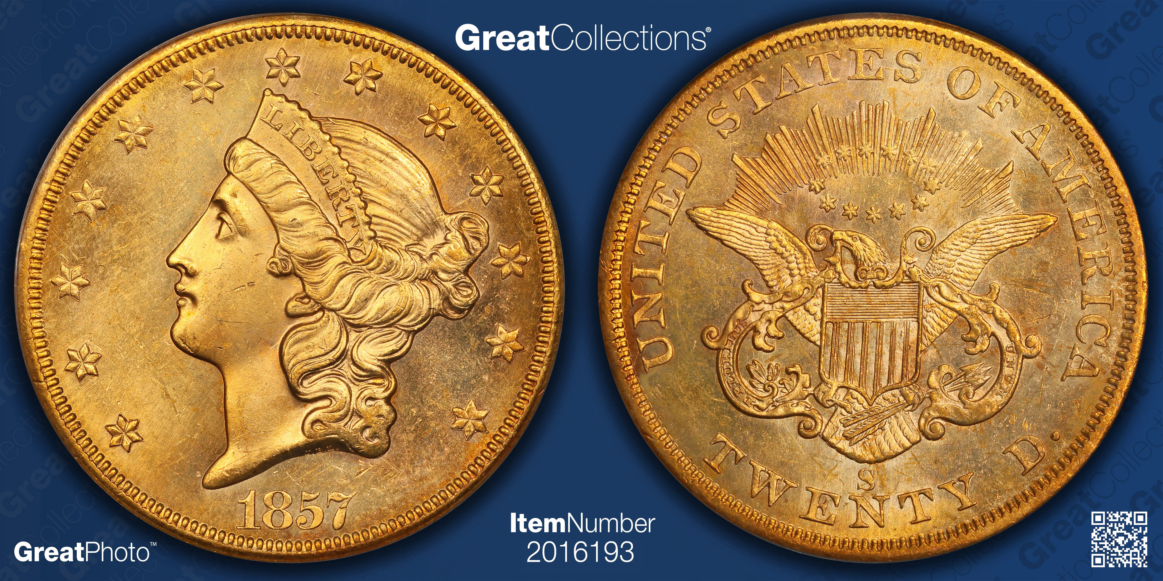 1857-S Liberty Gold Double Eagle 20E Broken A Shipwreck S.S. Central ...