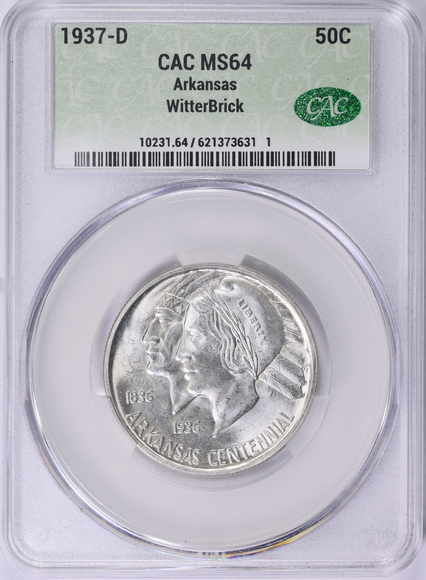1937-D Arkansas Centennial Half Dollar CACG MS-64 (WitterBrick