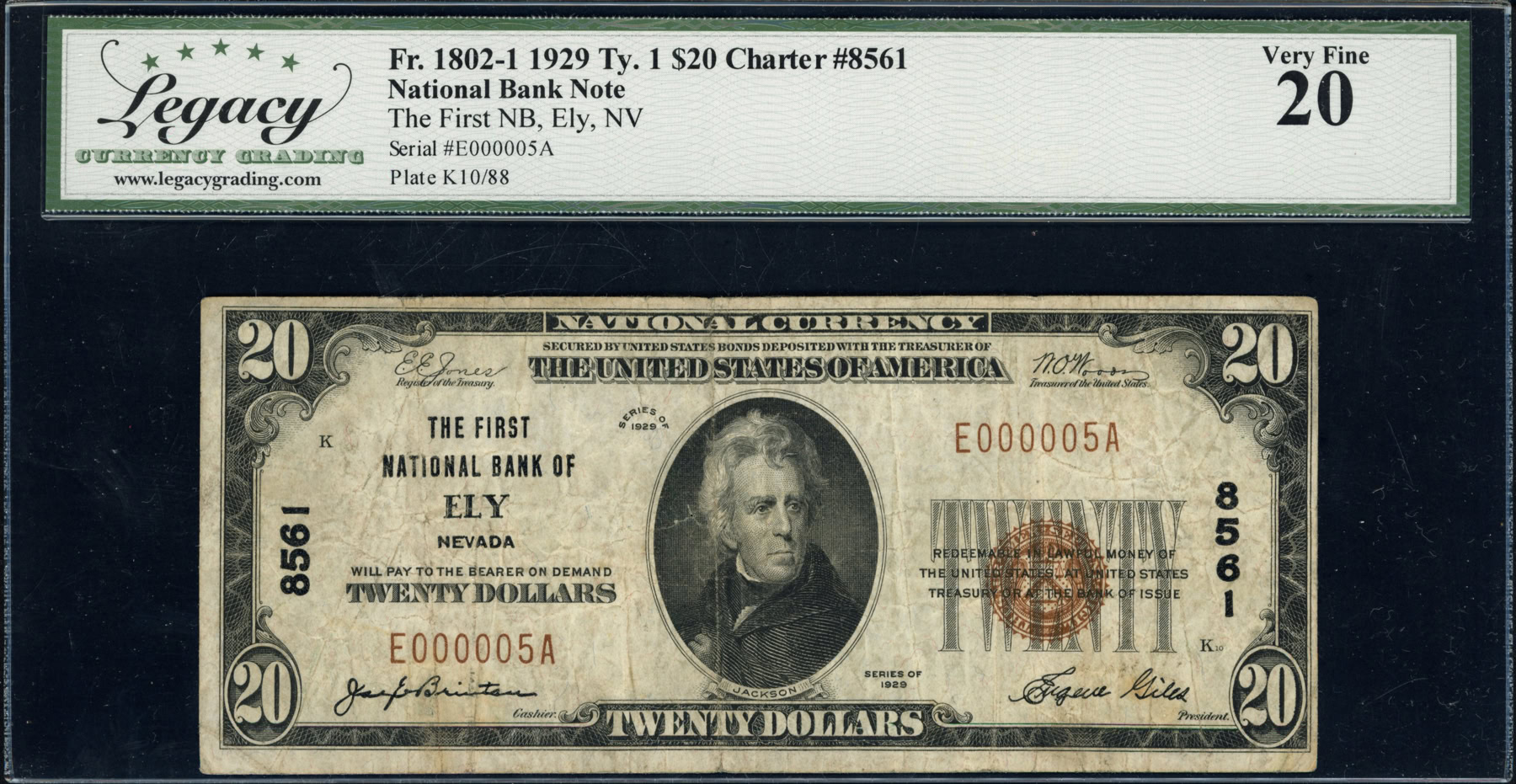 Fr. 1802-1 Ely, Nevada 1929 Type 1 $20 Note *Serial Number 5* The First ...