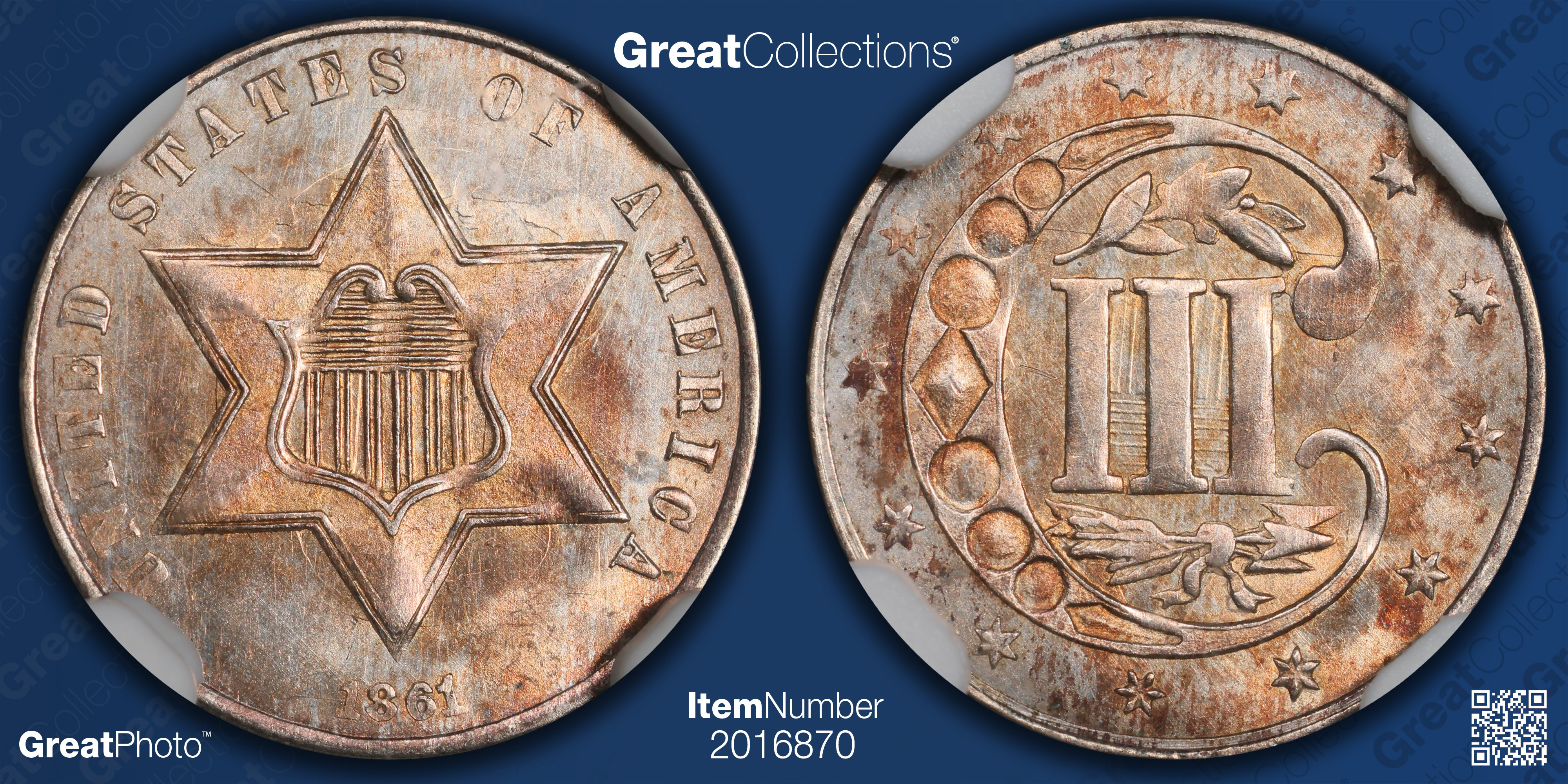 1861 Silver Three-Cent Piece NGC MS-64 (Toned) (Item 2016870