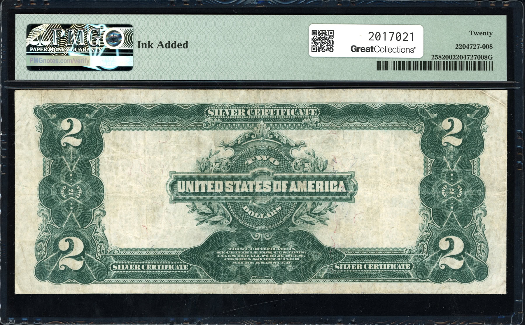 Fr. 258 1899 $2 Silver Certificate Note Speelman / White PMG Very Fine ...