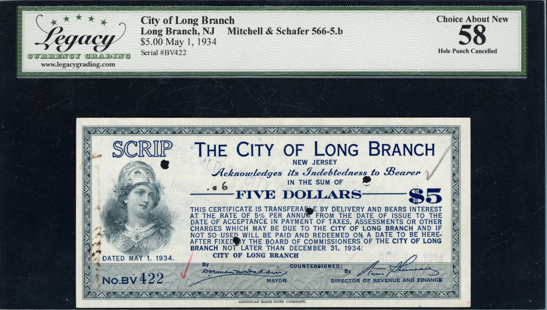 1934 Long Branch, New Jersey City of Long Branch $5 Depression Scrip ...