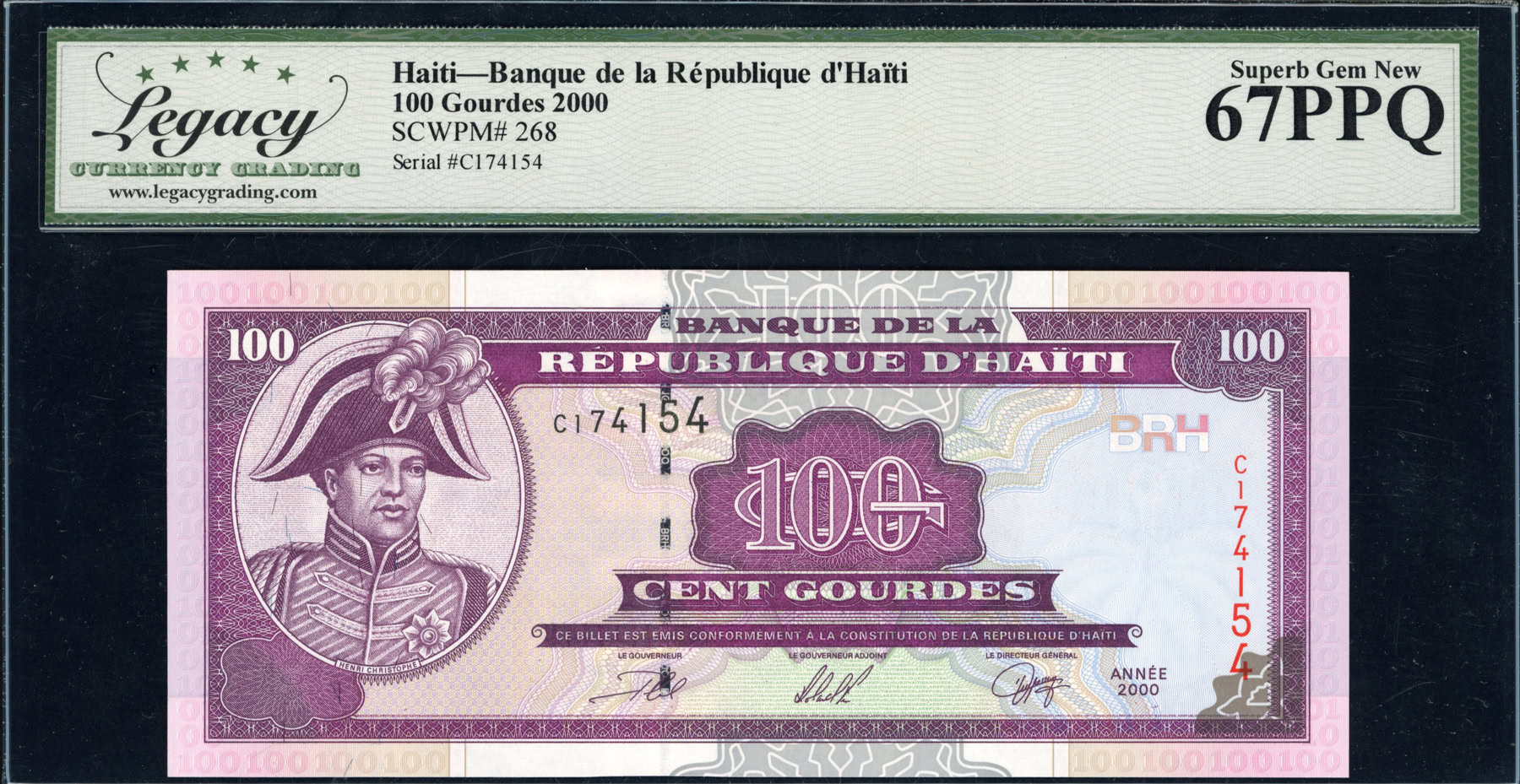 Haiti 2000 100 Gourdes Banque de la Republique d'Haïti Note SCWPM-268 ...
