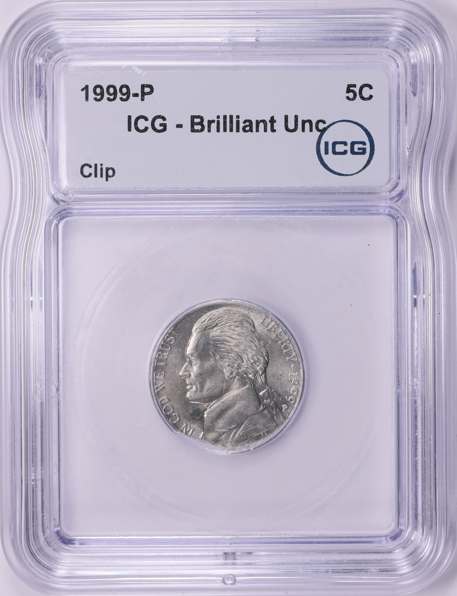 Mint Error 1999-P Jefferson Nickel Clip ICG Brilliant Uncirculated