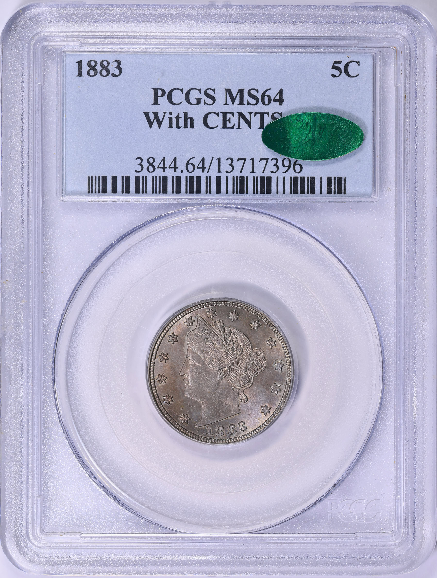 1883 Liberty Nickel With CENTS PCGS MS-64 (CAC Green) (Item