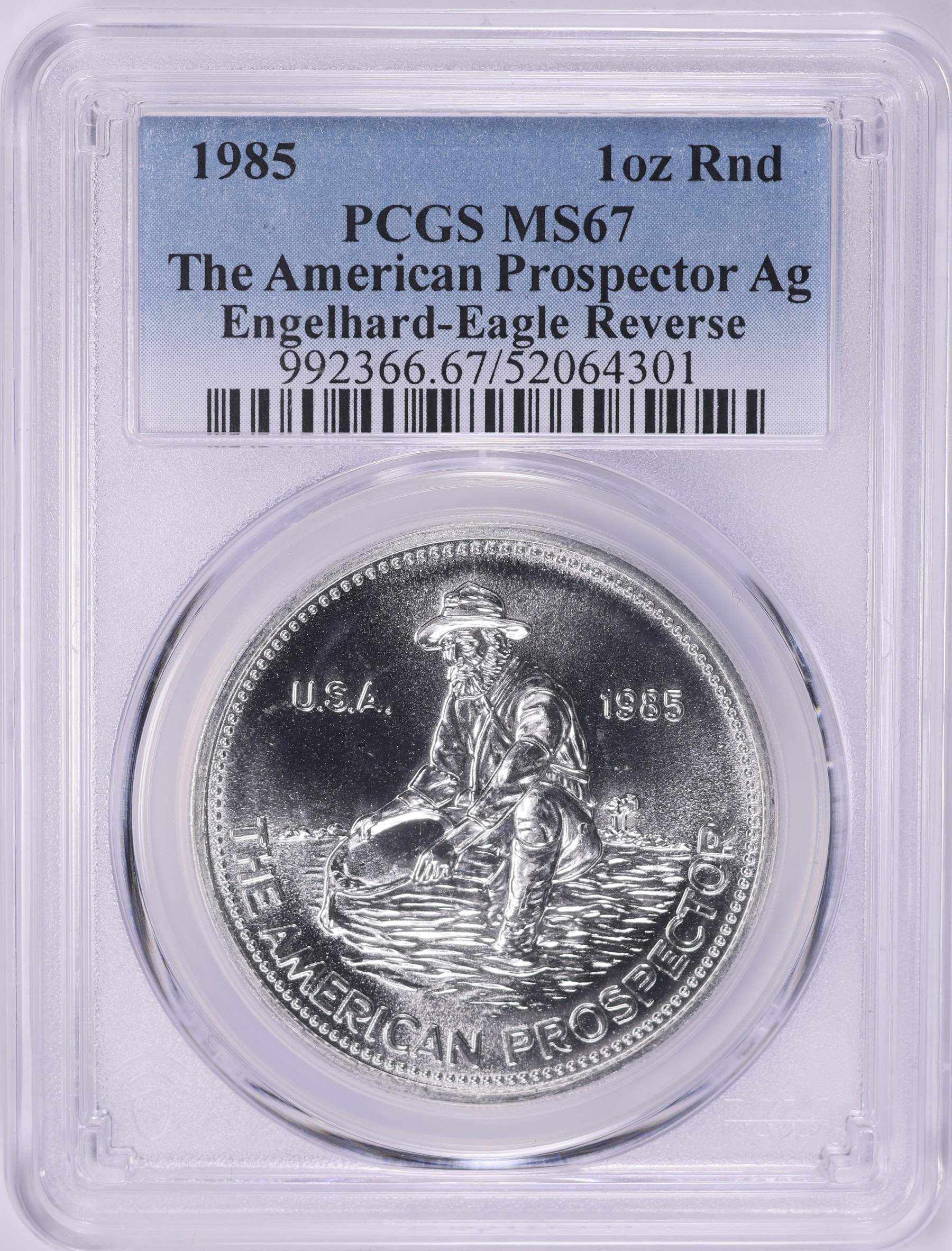 1985 Silver 1oz American Prospector Engelhard Round Eagle Reverse