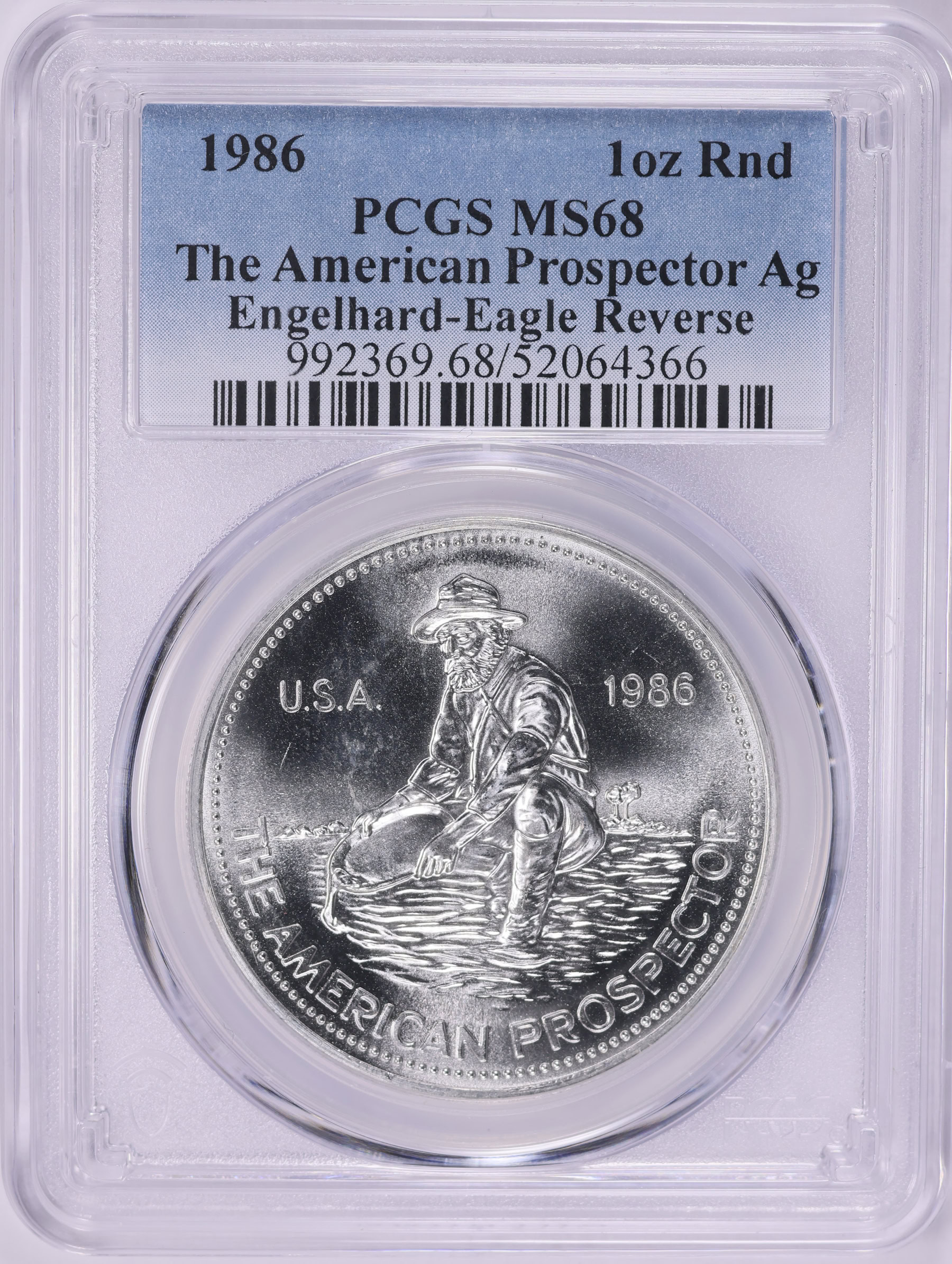 1986 Silver 1oz American Prospector Engelhard Round Eagle Reverse