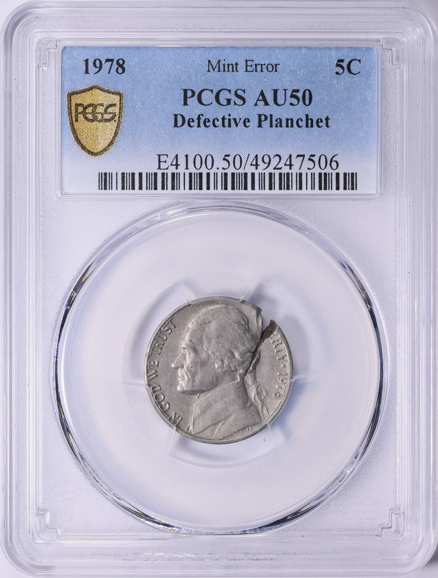 Mint Error 1978 Jefferson Nickel Defective Planchet PCGS AU-50