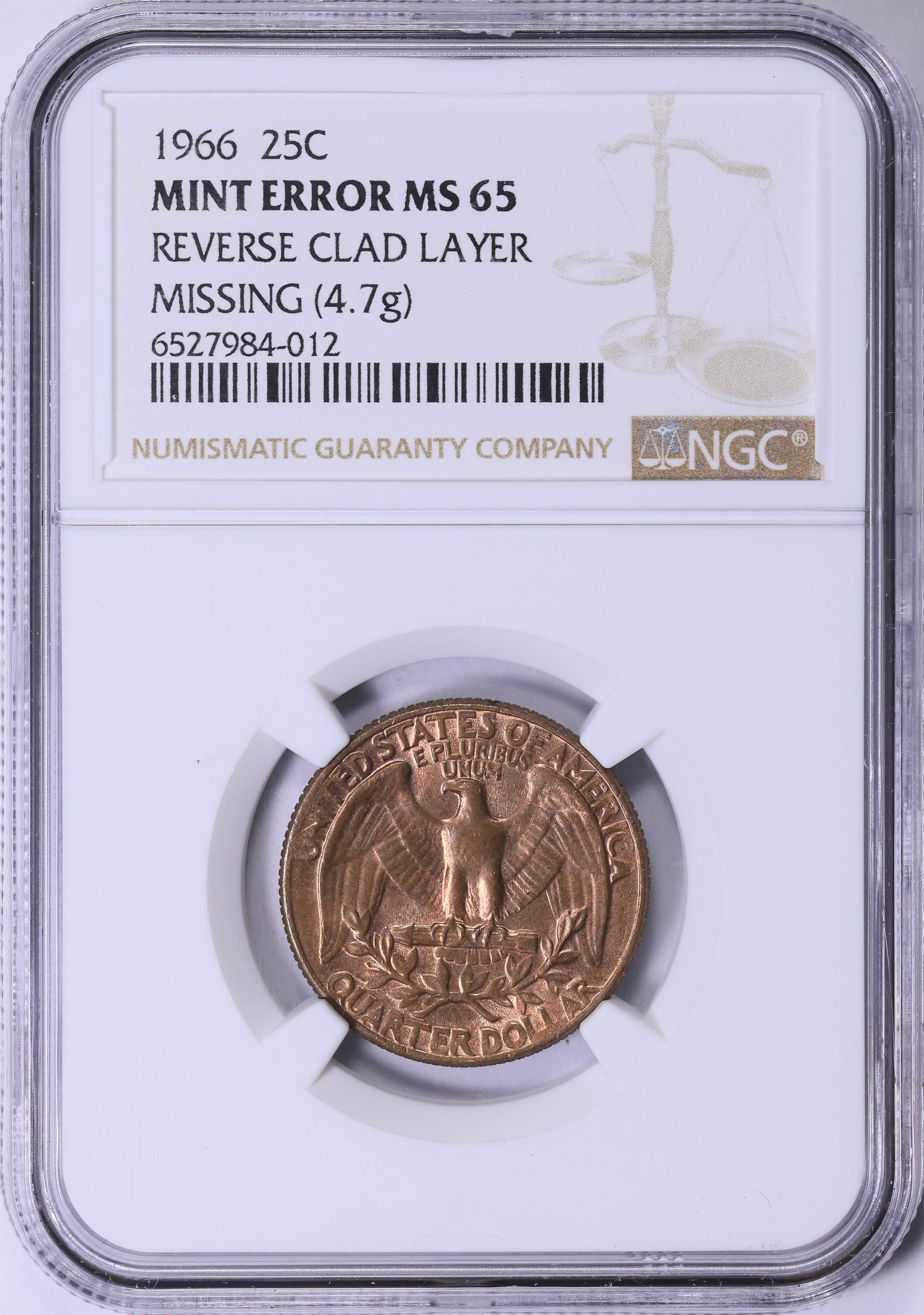 wさん返金 Mint Error 1966 Washington Quarter Reverse Clad Layer Missing (4.7