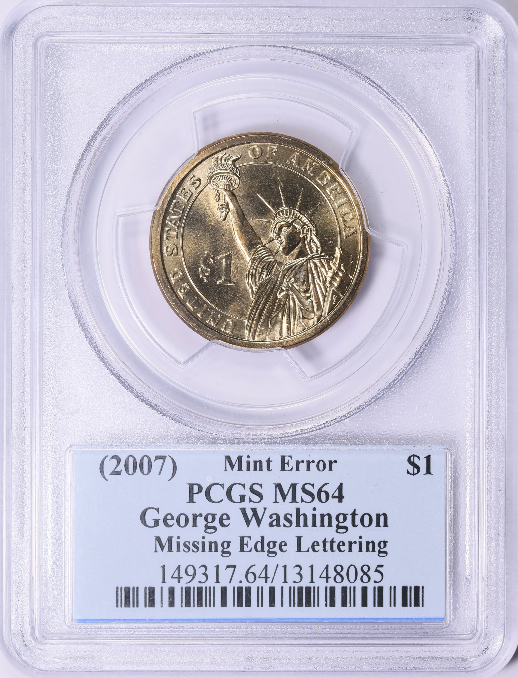 Mint Error (2007) Presidential Dollar George Washington Missing Edge ...