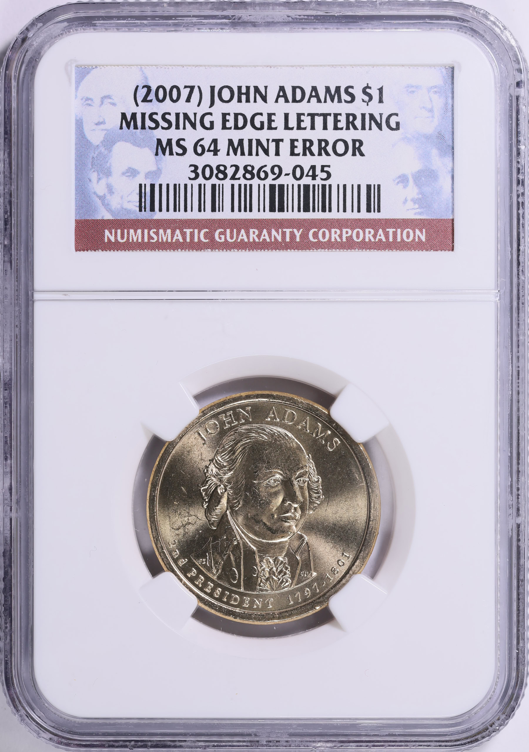 Mint Error (2007) Presidential Dollar John Adams Missing Edge