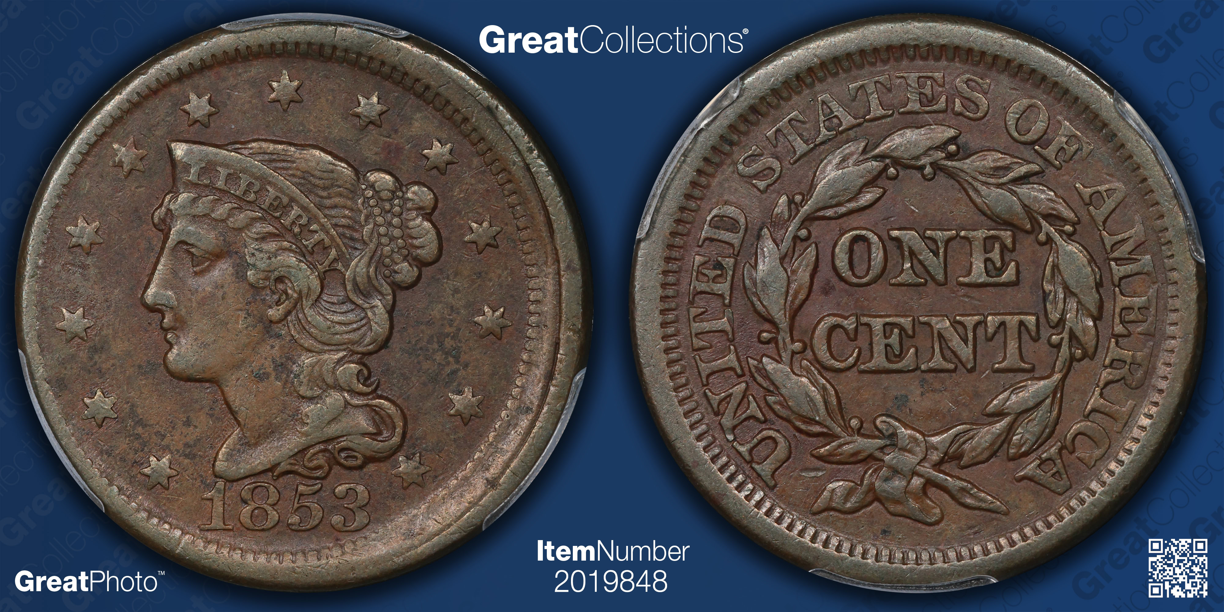 Mint Error 1853 Braided Hair Cent Misaligned Obverse Die PCGS XF