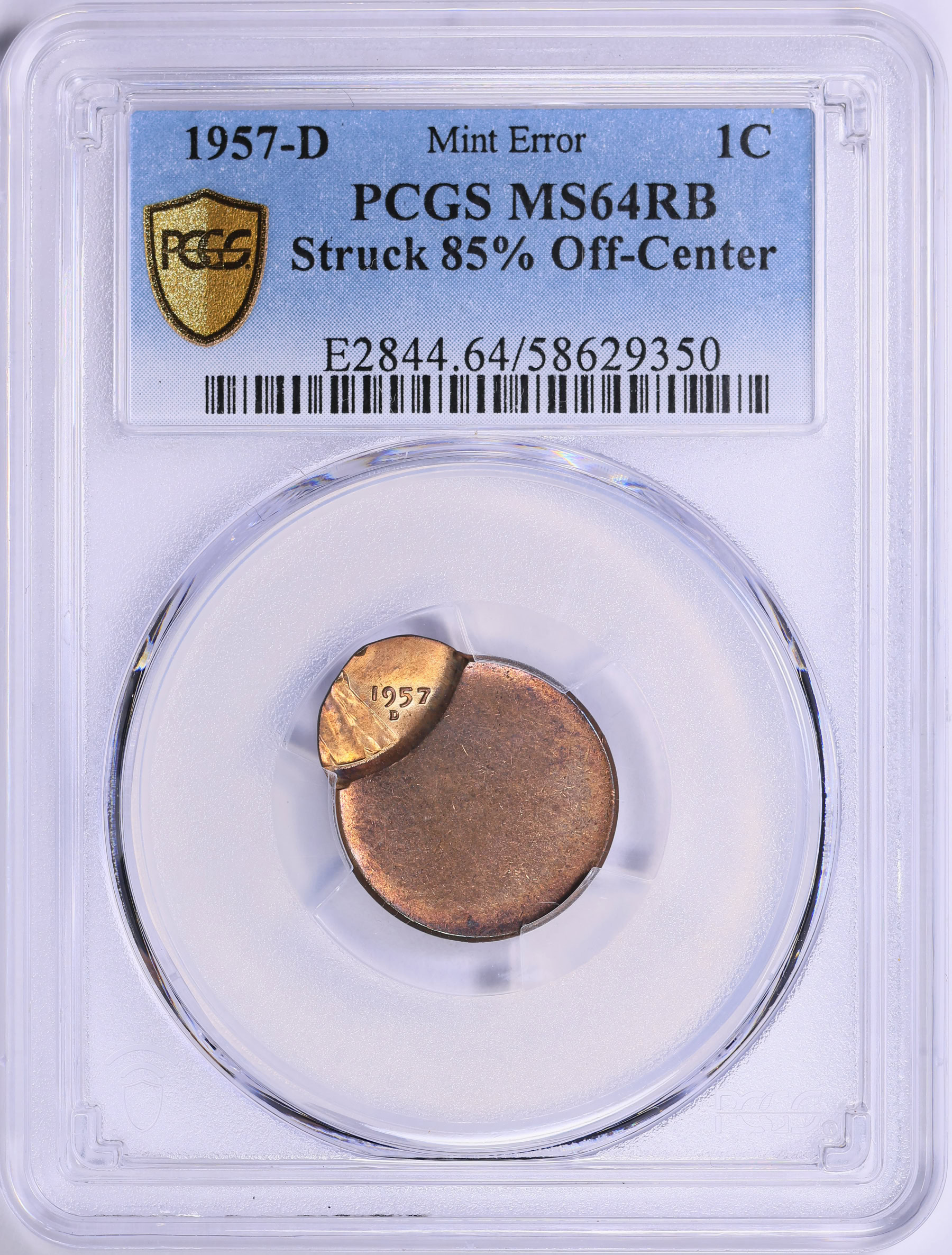 Mint Error 1957-D Lincoln Cent Struck 85% Off-Center PCGS MS-64 RB
