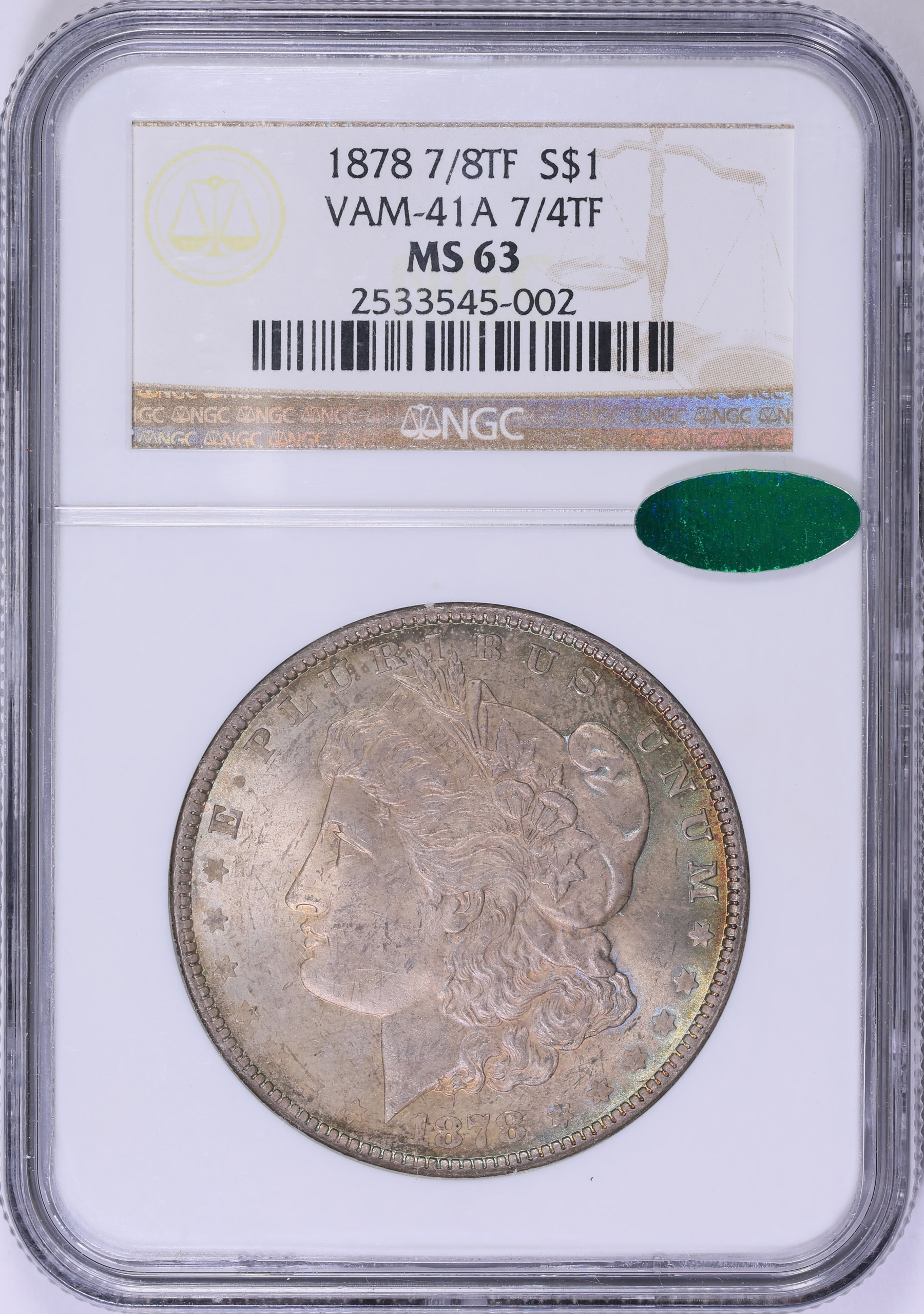 1878 7/8TF Morgan Silver Dollar Weak 7/4 VAM-41A NGC MS-63 (CAC