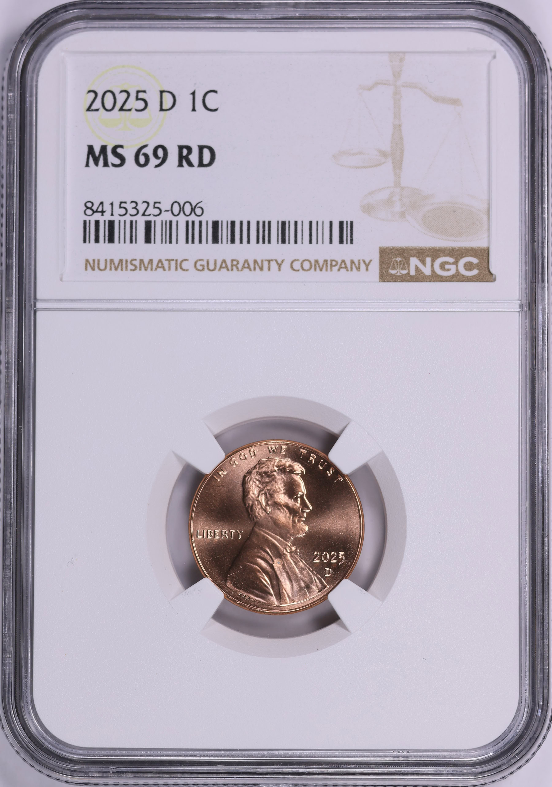 2025-D Lincoln Cent Shield NGC MS-69 RD | NGC Cert #8415325-006