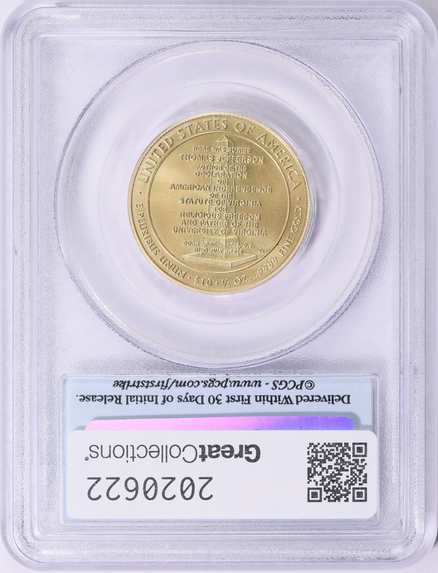 2007-W First Spouse $10 Gold Jefferson Liberty First Strike PCGS