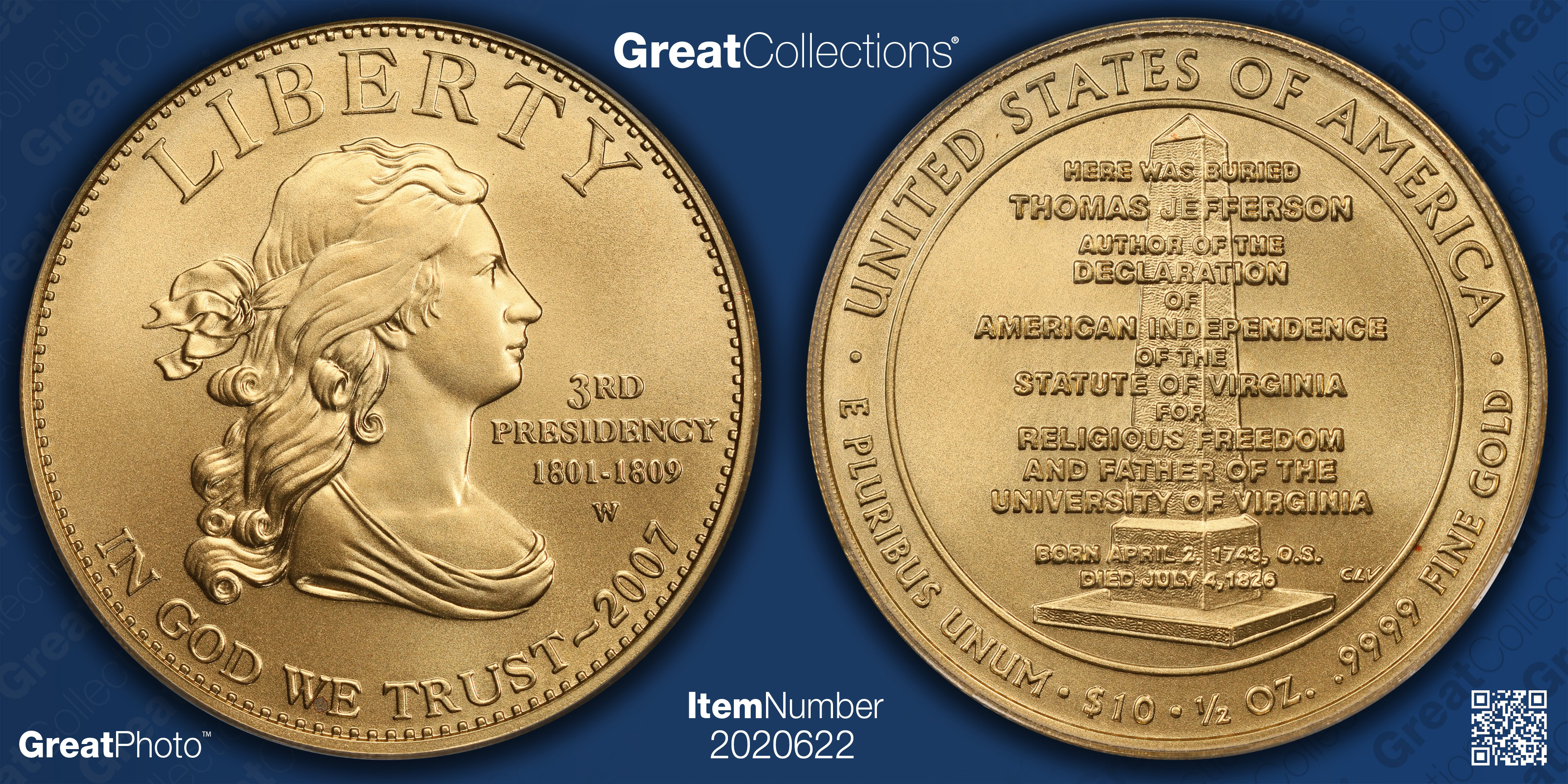 2007-W First Spouse $10 Gold Jefferson Liberty First Strike PCGS