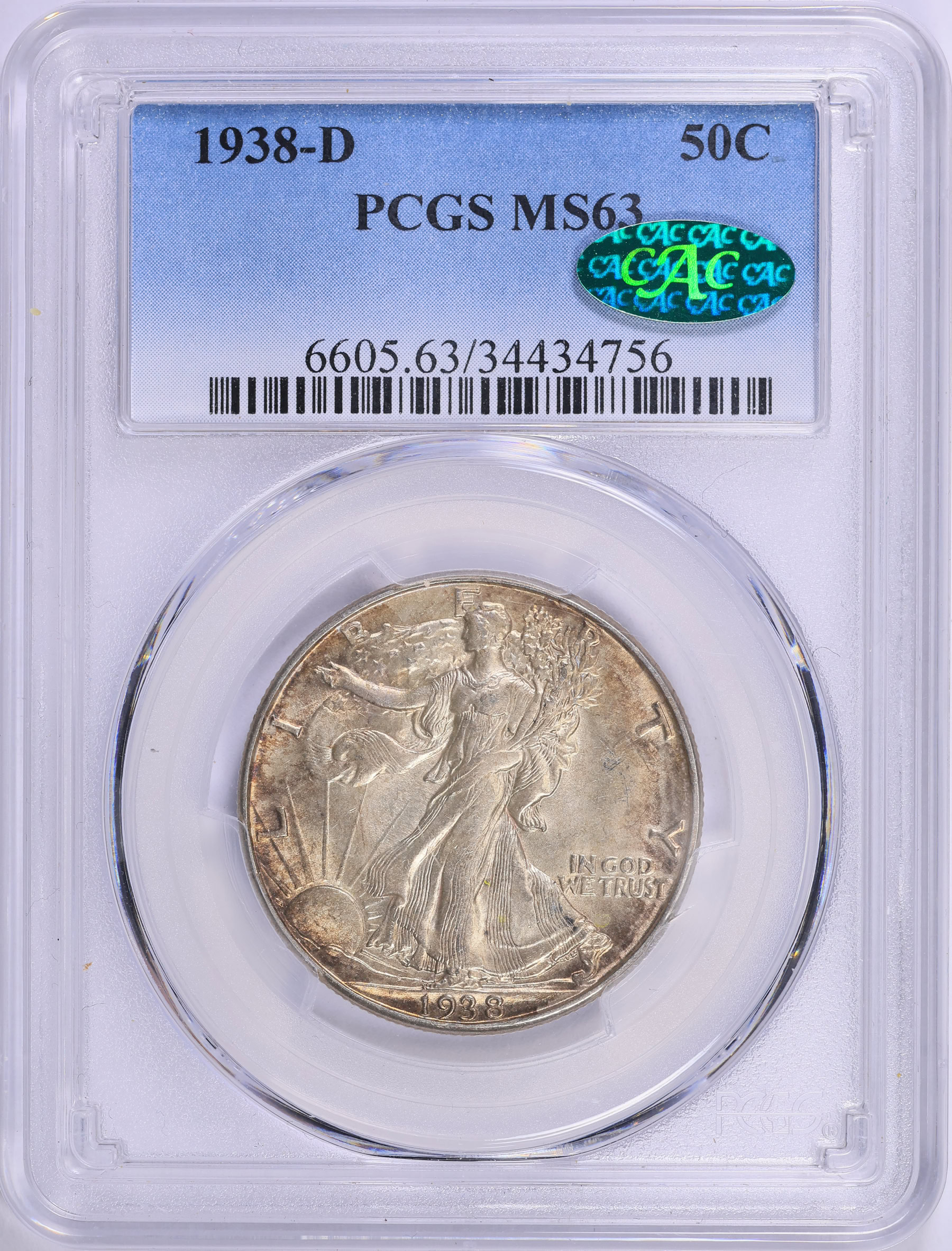 1938-D Walking Liberty Half Dollar PCGS MS-63 (CAC Green) (Toned