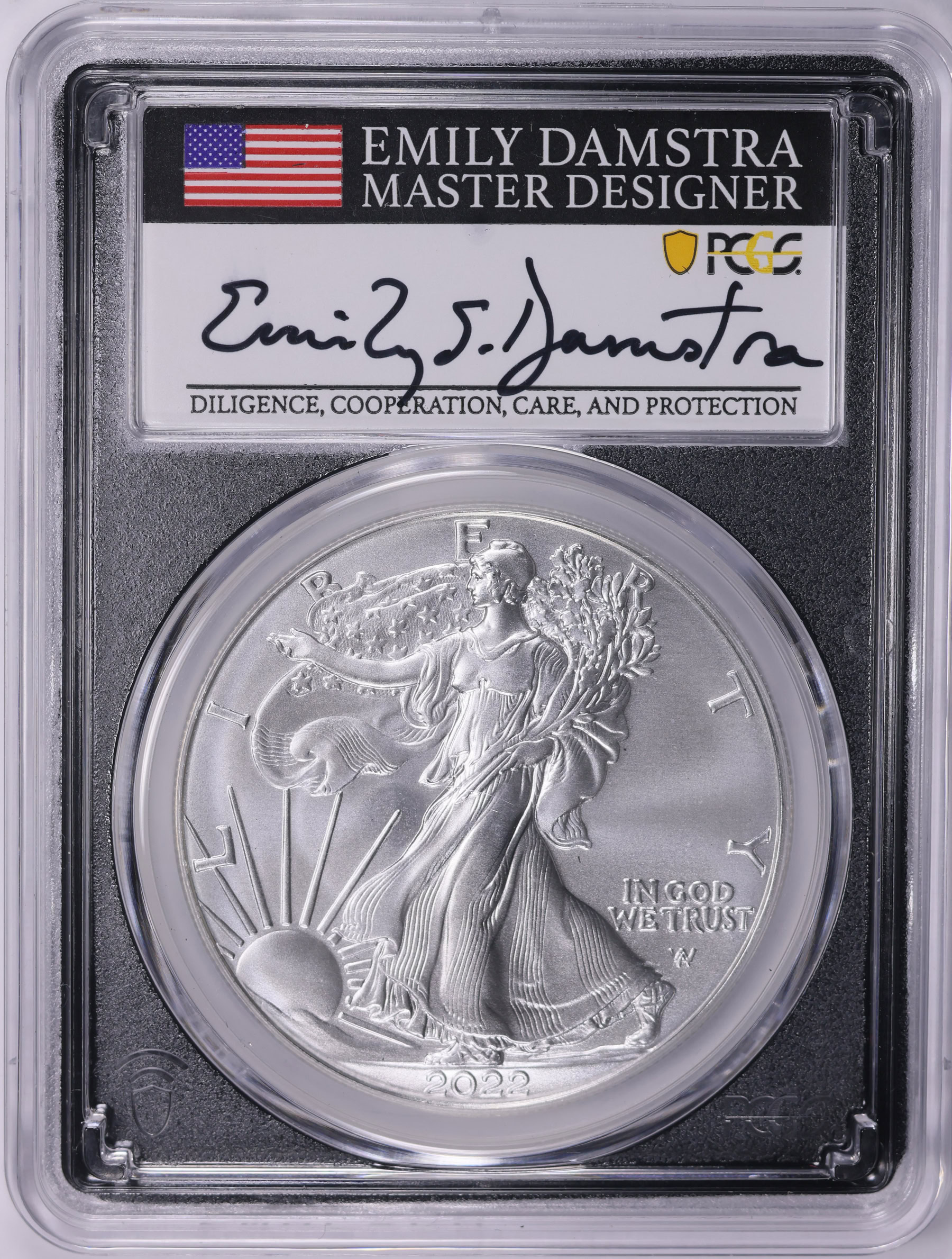 2022 $1 Silver Eagle First Day of Issue PCGS MS-70 (Emily Damstra