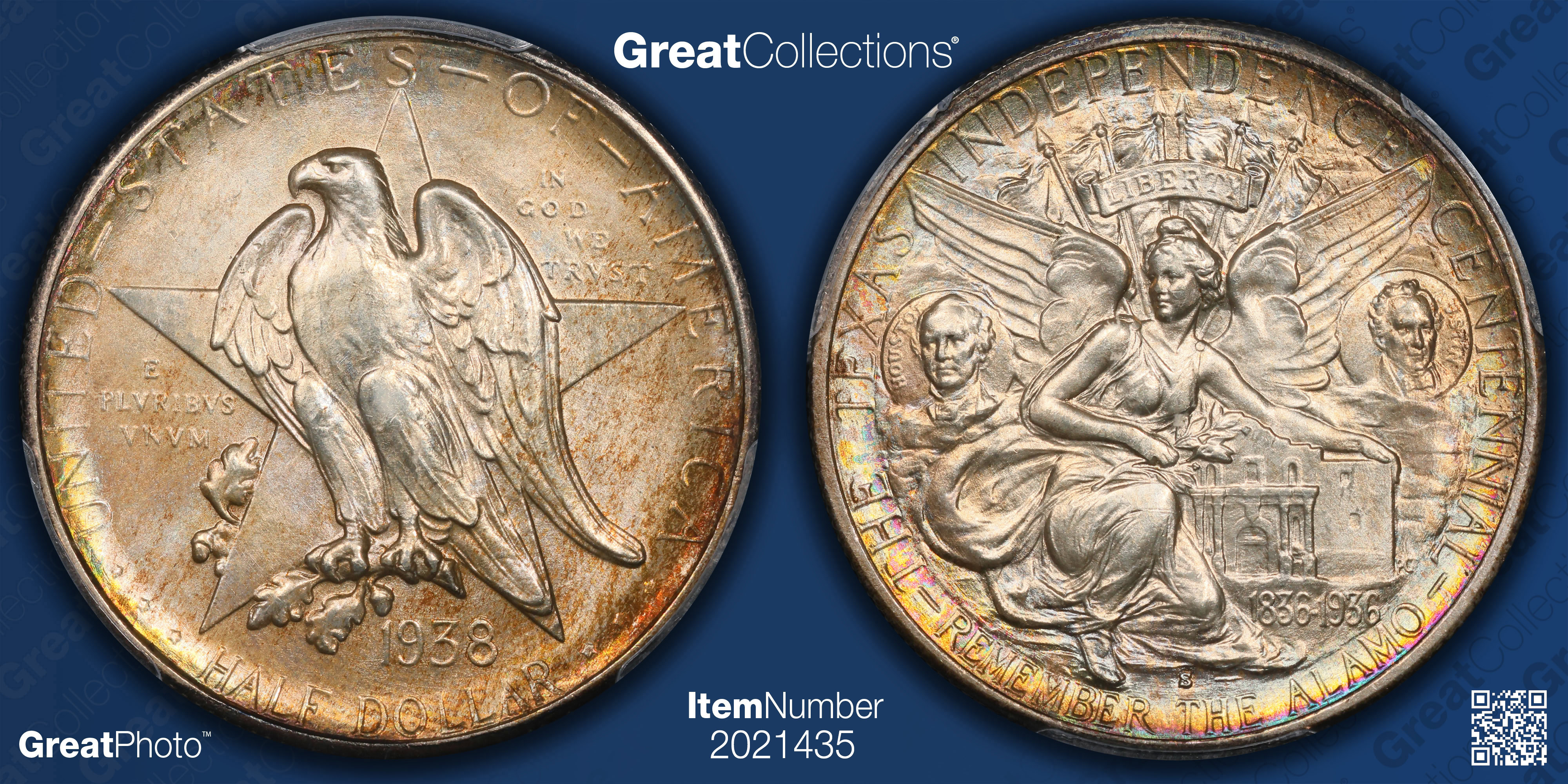 1938-S Texas Centennial Half Dollar PCGS MS-67 (CAC Green) (Toned