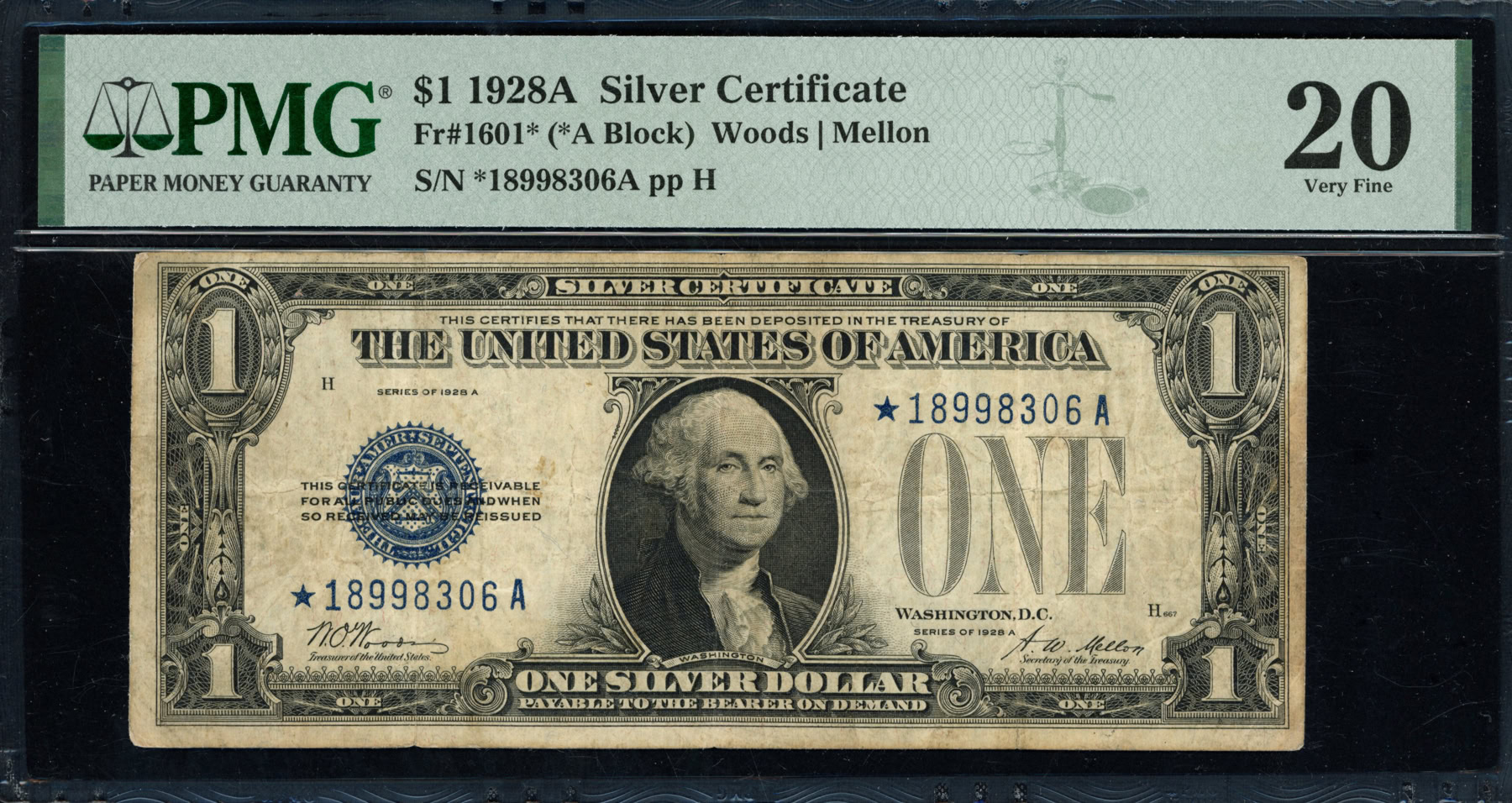 Fr. 1601* (*A Block) 1928A $1 Silver Certificate Star Note Woods ...
