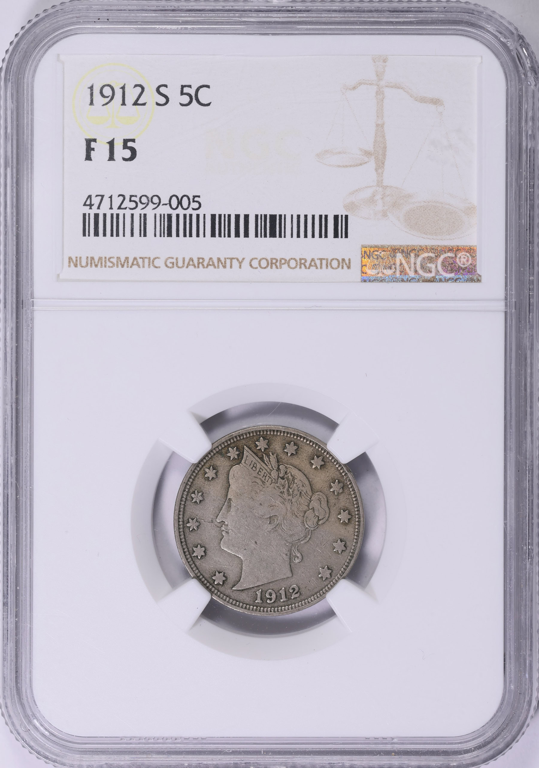 1912-S Liberty Nickel NGC F-15 (Item 2021781) | GreatCollections
