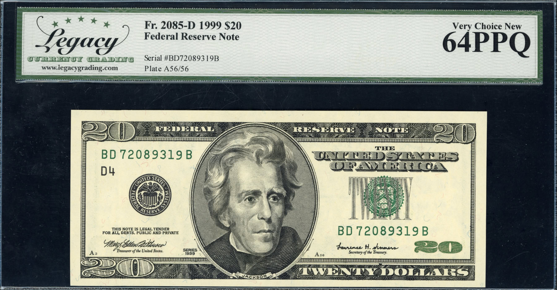 Fr. 2085-D (BDB Block) 1999 $20 Cleveland Federal Reserve Note Withrow ...