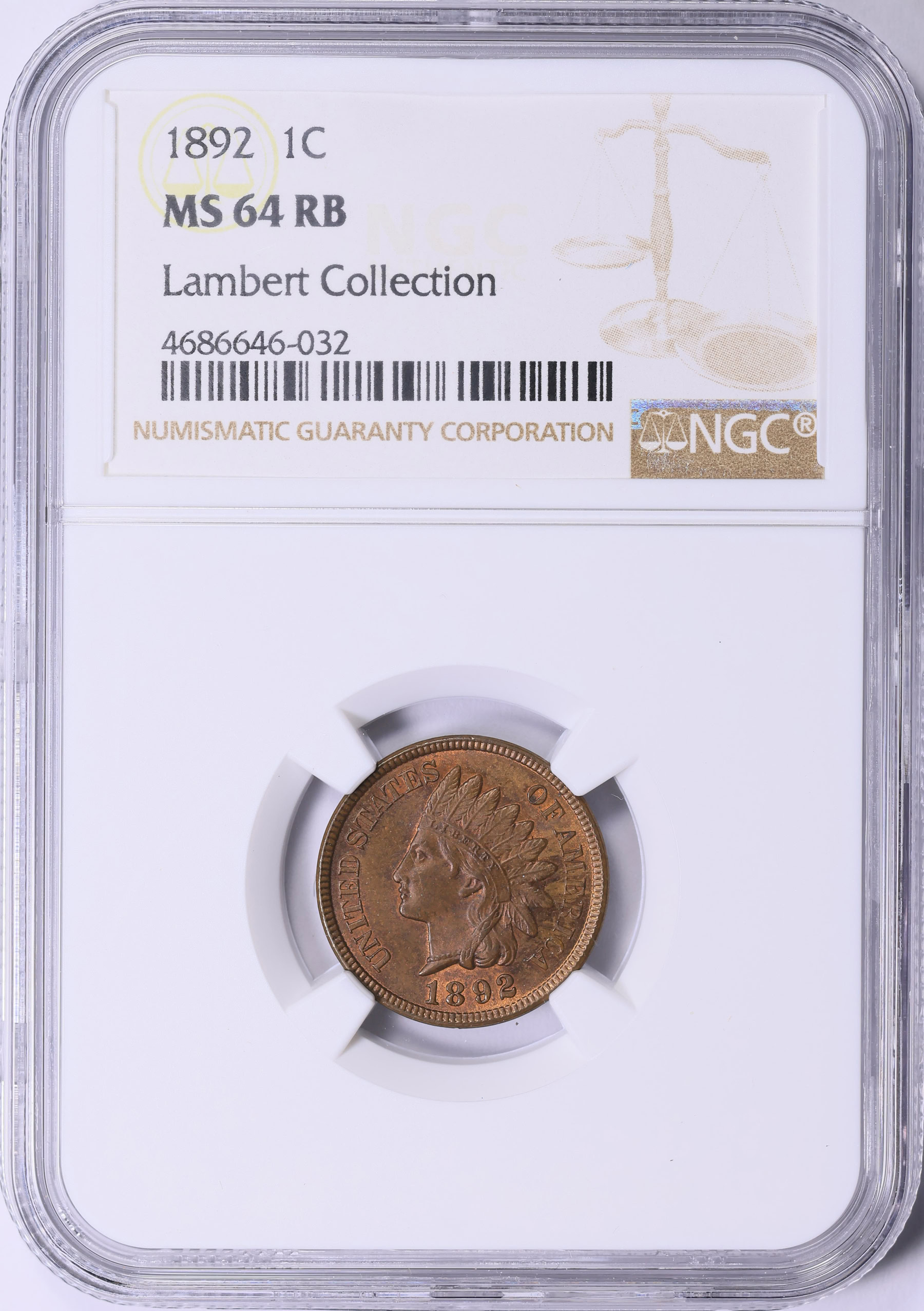 1892 Indian Cent NGC MS-64 RB (Lambert Collection) (Item 2022670