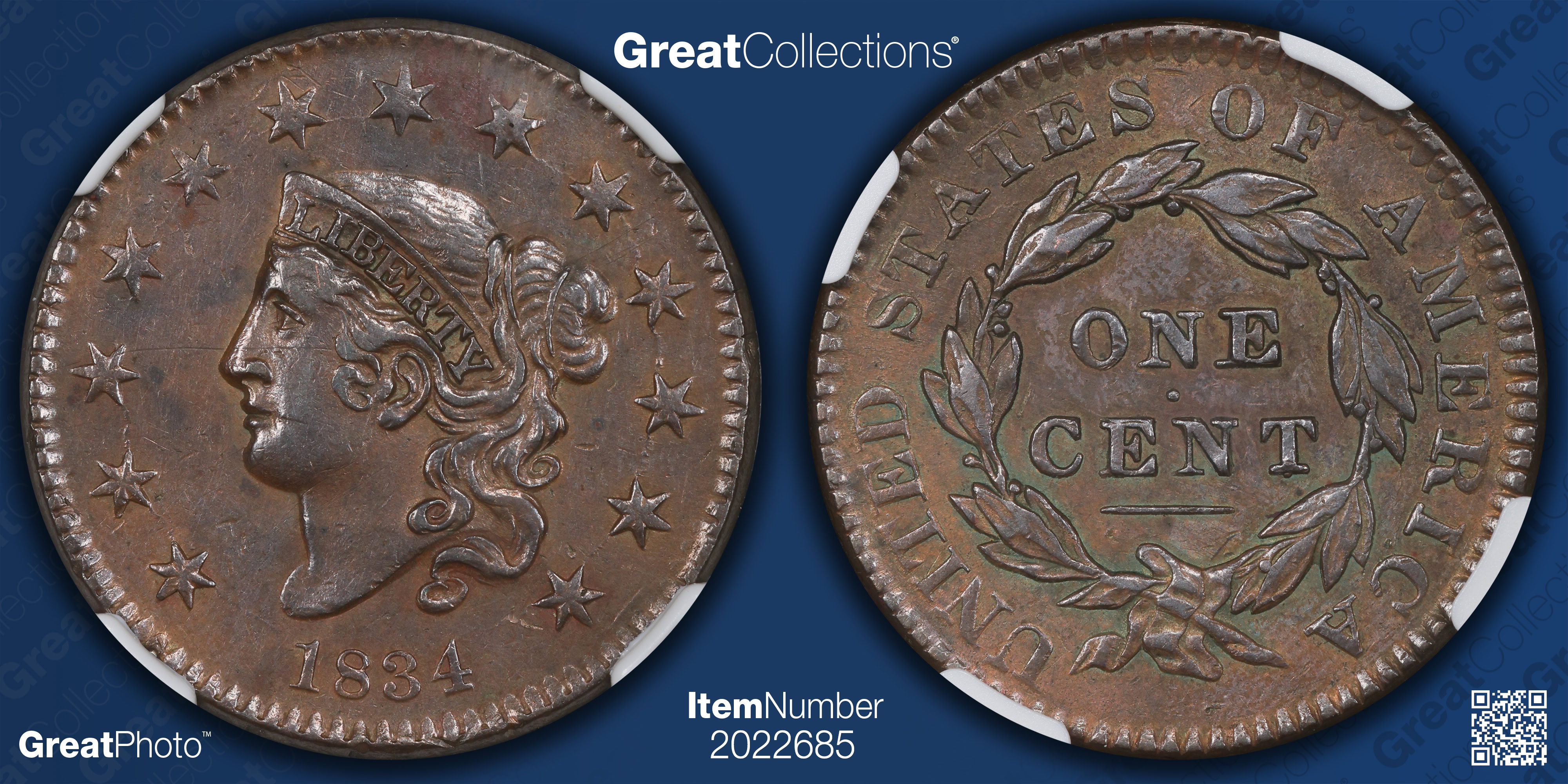 1834 Matron Cent Small 8, Lg St Med Let Newcomb 2 NGC AU-53 BN