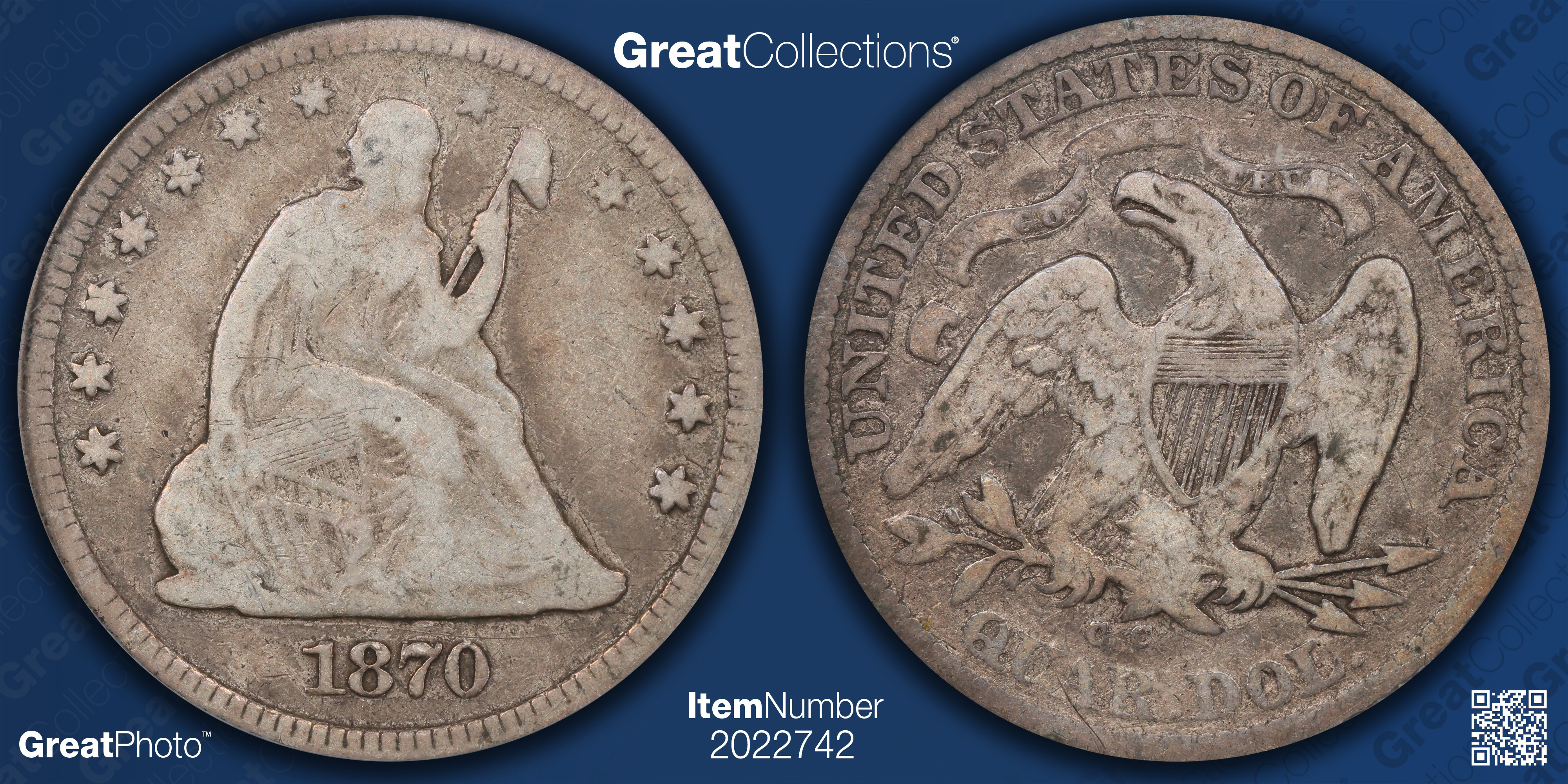 1870-CC Seated Liberty Quarter PCGS VG-10 (CAC Green) (Item