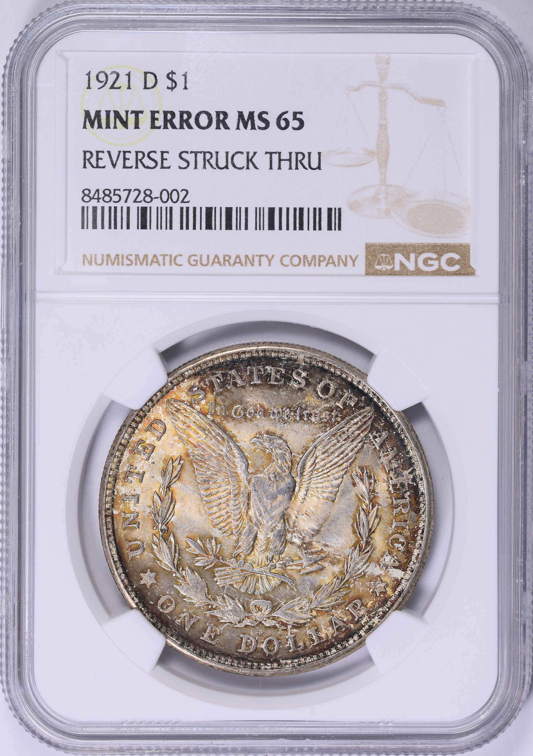 Mint Error 1921-D Morgan Silver Dollar Reverse Struck Through NGC