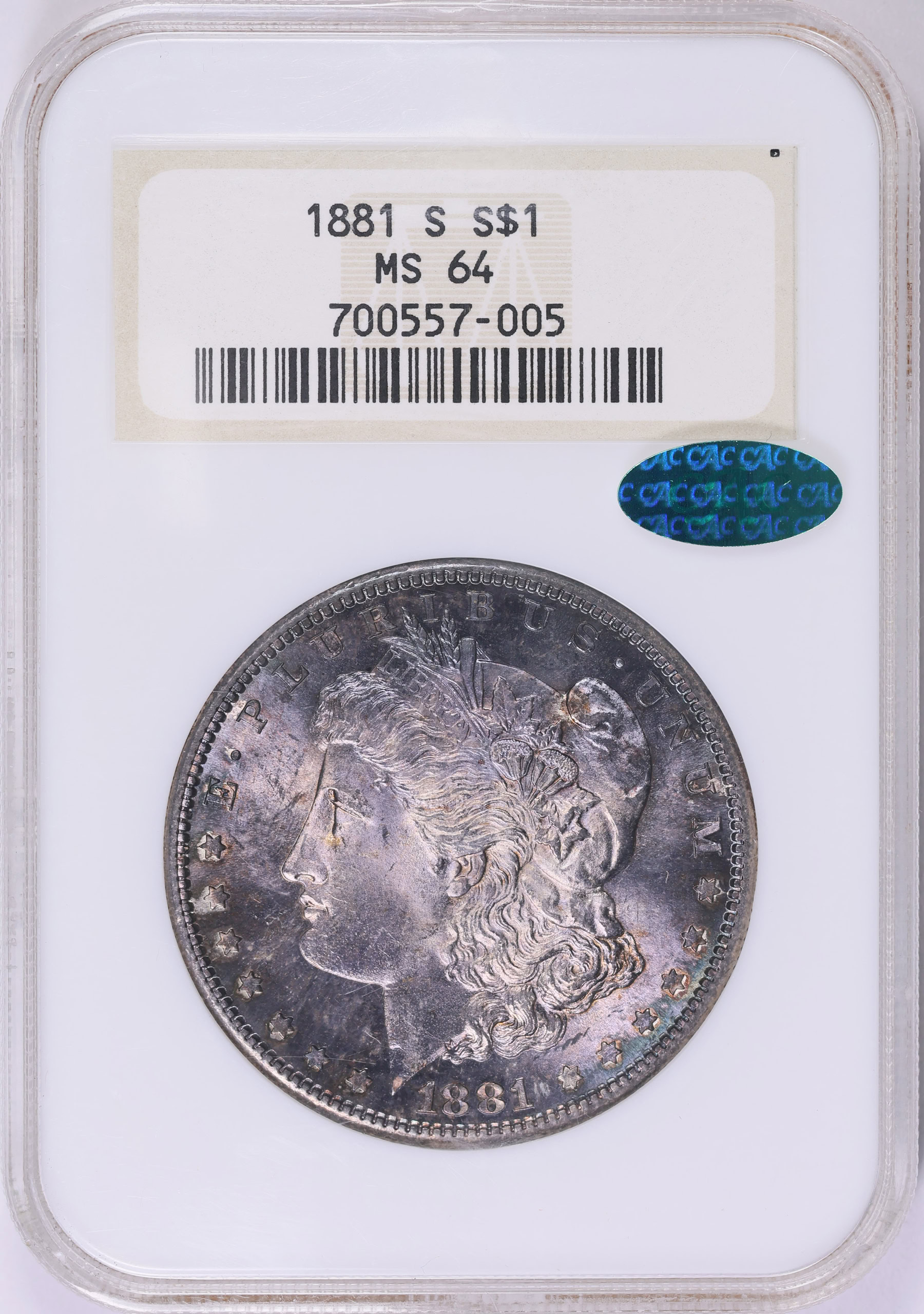 1881-S Morgan Silver Dollar NGC MS-64 (CAC Green) (Toned) OH (Item