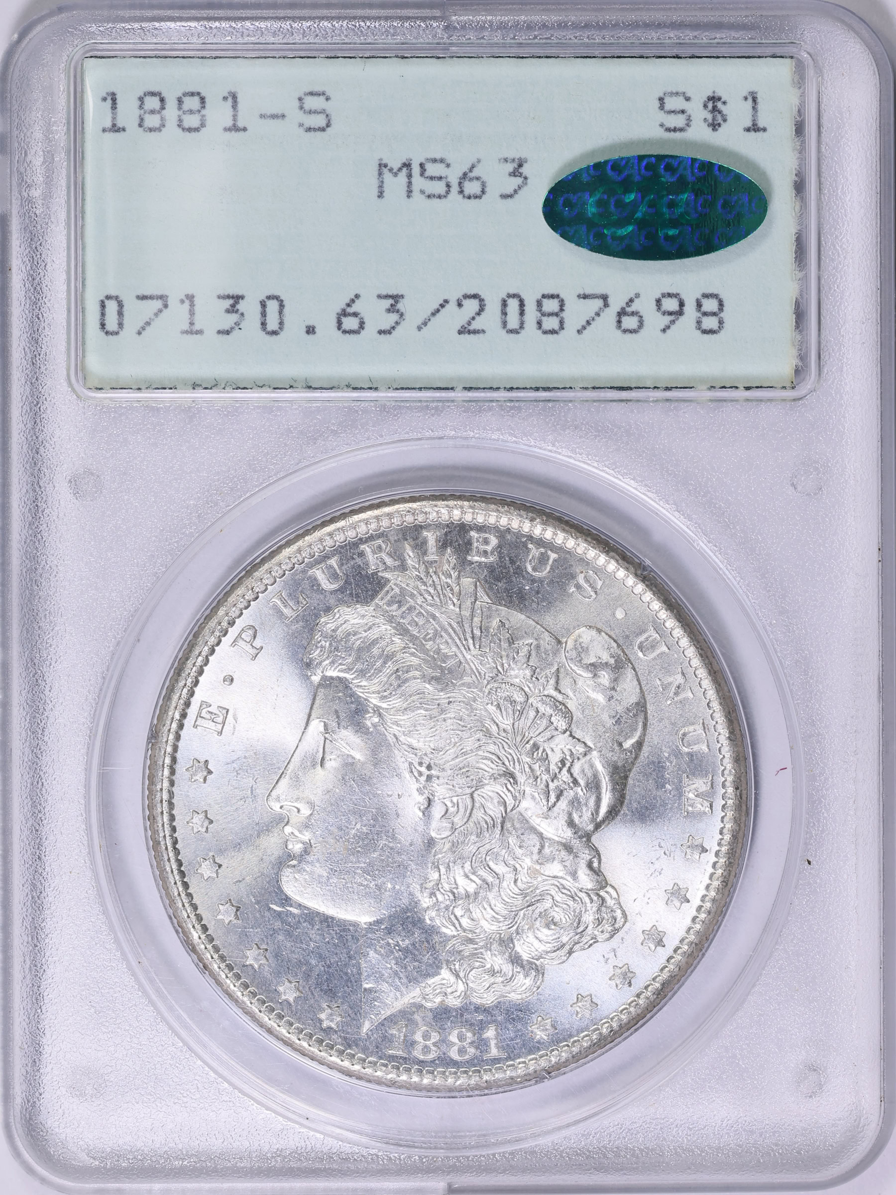 1881-S Morgan Silver Dollar PCGS MS-63 (CAC Green) OGH (1st Gen