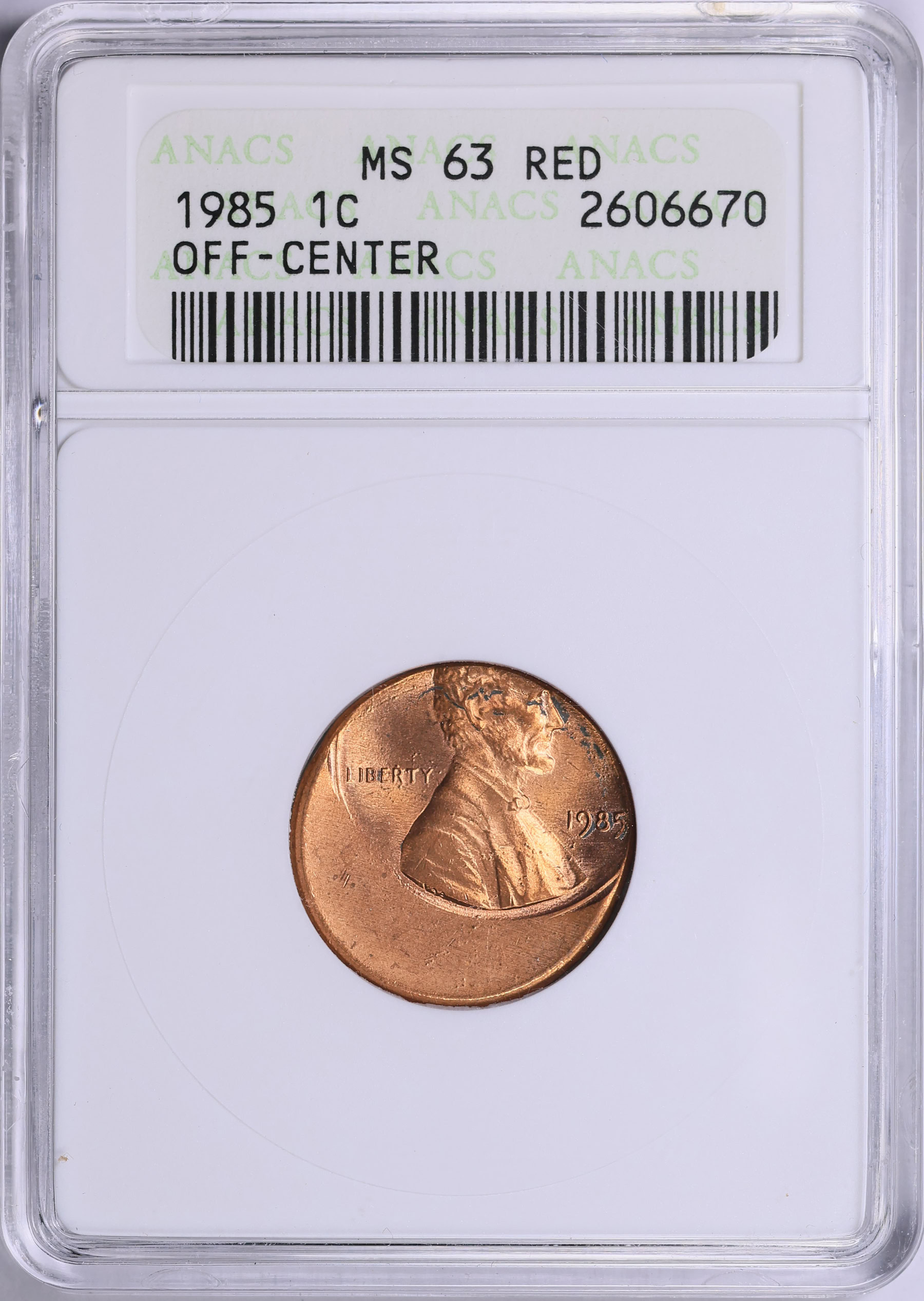 Mint Error 1985 Lincoln Cent Off-Center ANACS MS-63 RD OH | ANACS Cert ...
